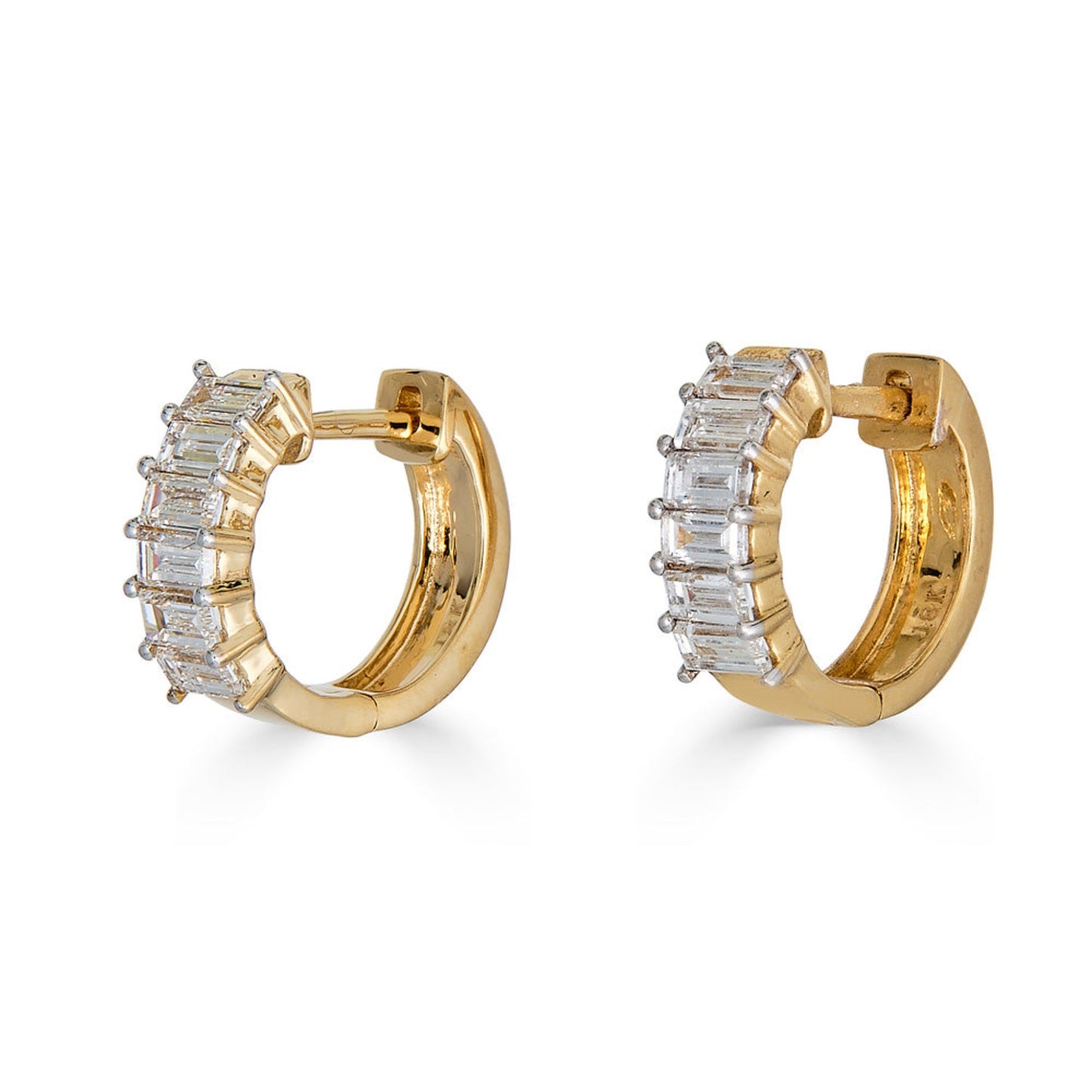 Lumeniri Halina huggie hoops with DEF VS baguette lab grown diamonds set in modern 11mm 14K gold luxury earrings on white background.