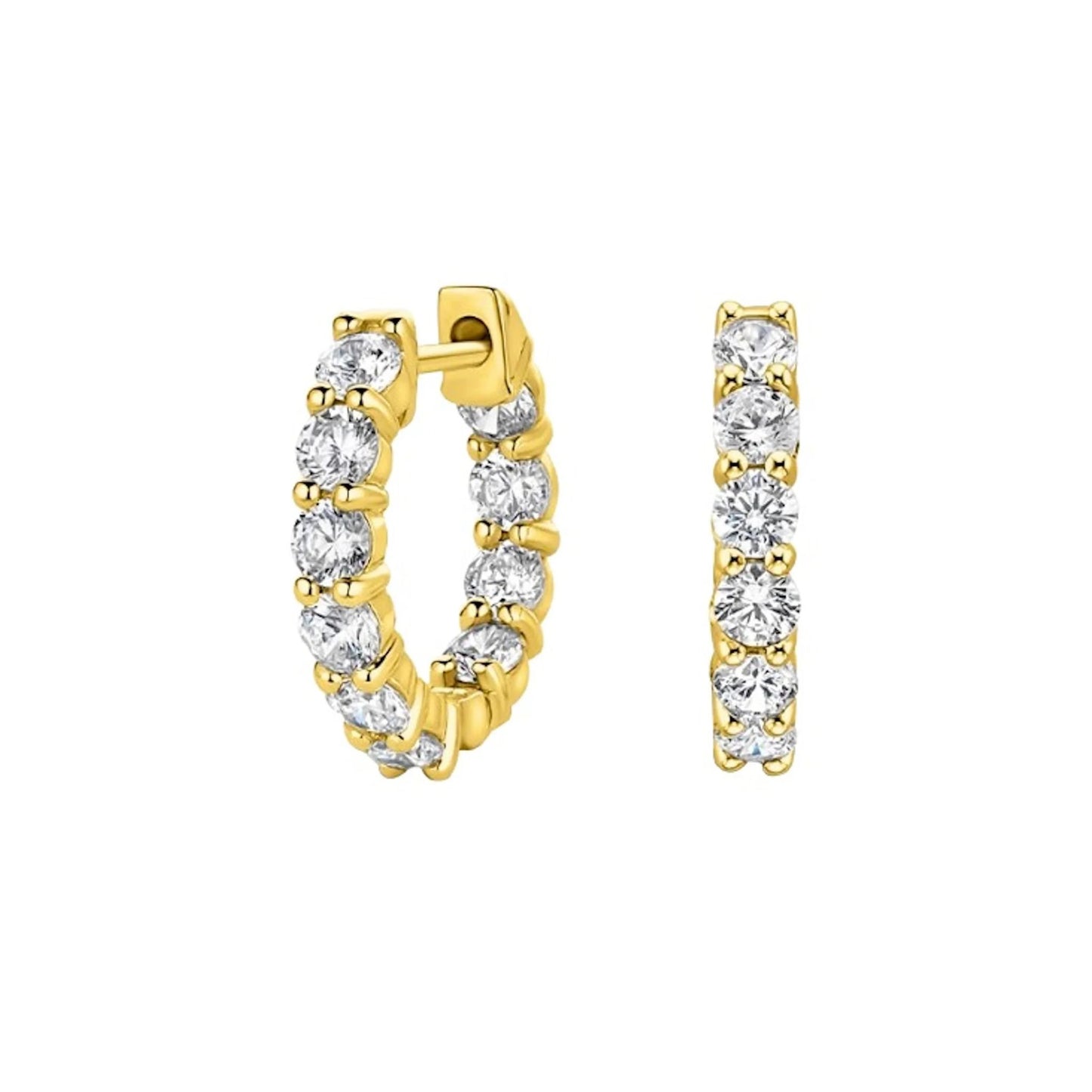Lumeniri Halina inside and out round cut huggie hoops featuring 1.0ct DEF VS lab grown diamonds in 14K gold on white background.