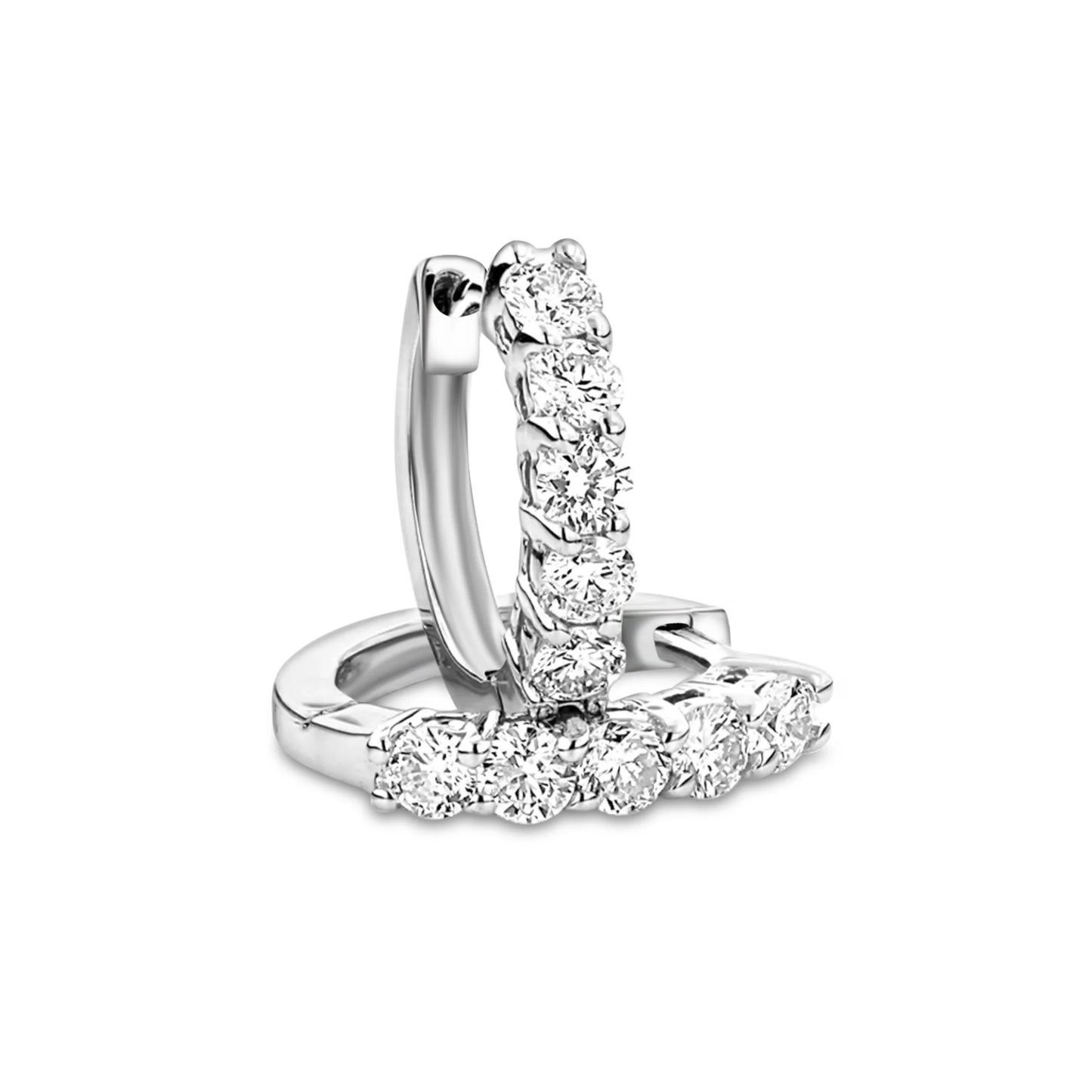 Lumeniri Halina round cut huggie hoop earrings featuring 1.00ct lab grown diamonds in 14K white gold on clean white background.