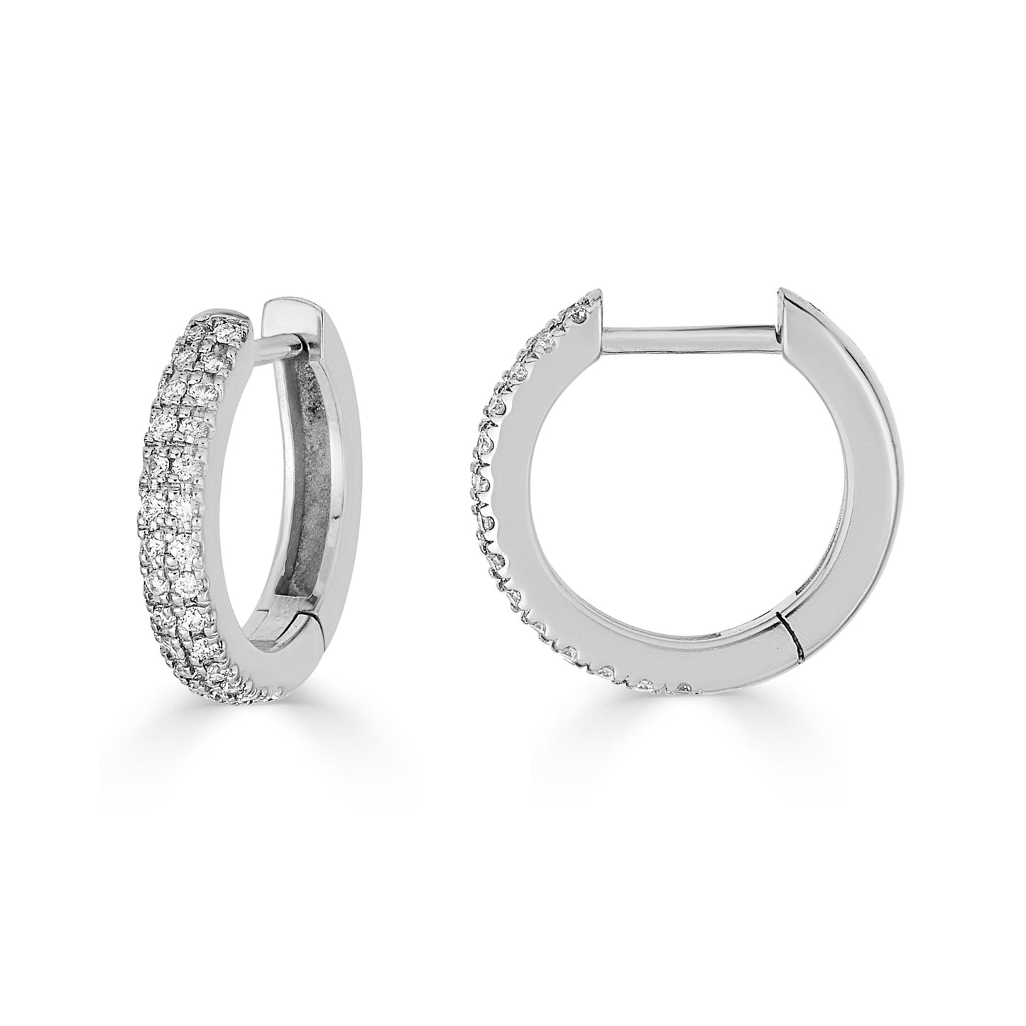 Lumeniri Kamali pave huggies with F-G VS lab grown diamonds set in delicate 14K white gold sustainable luxury design on white background.