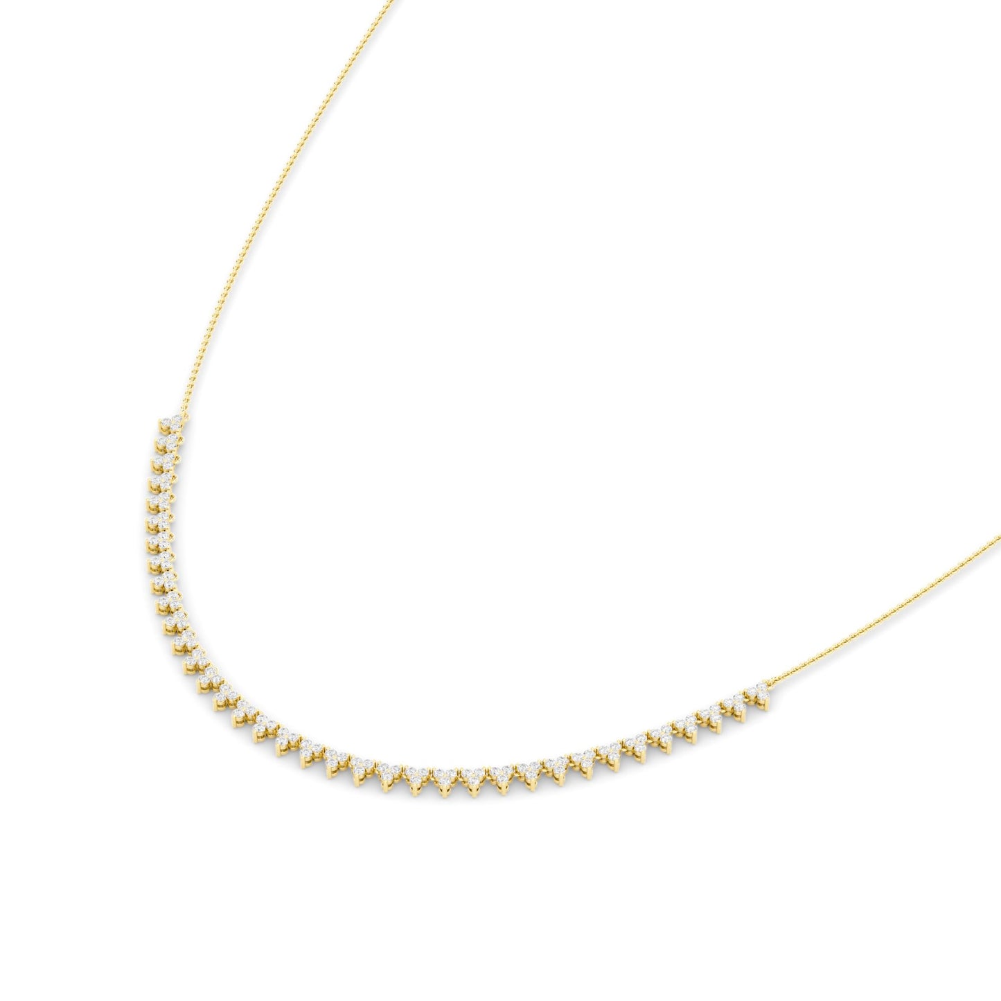 Lumeniri Kelli Trilogy Necklace with three lab grown diamonds representing past present future in 14K yellow gold fine jewelry design on white background.