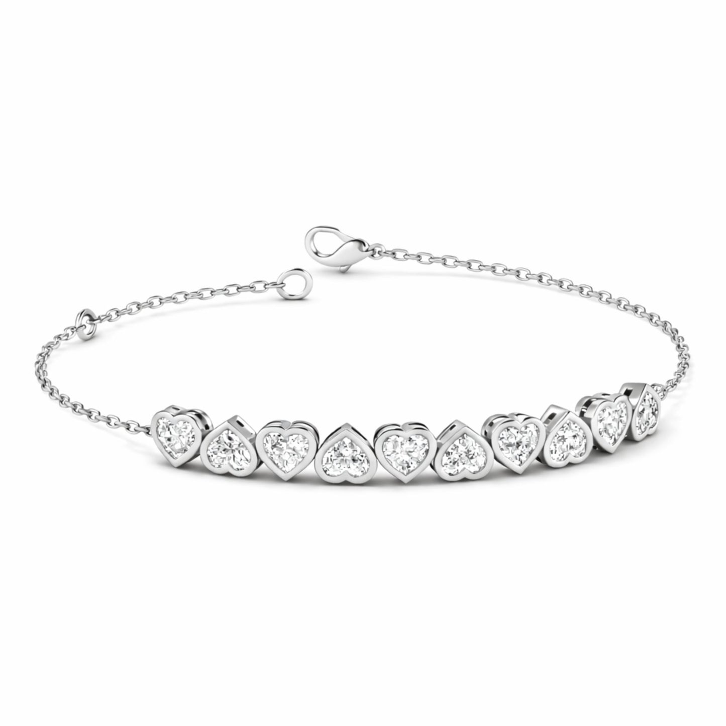 Lumeniri Lucia half tennis bracelet with heart shaped lab grown diamond centerpiece, EF VS clarity diamonds in elegant 14K white gold chain design on clean white background.