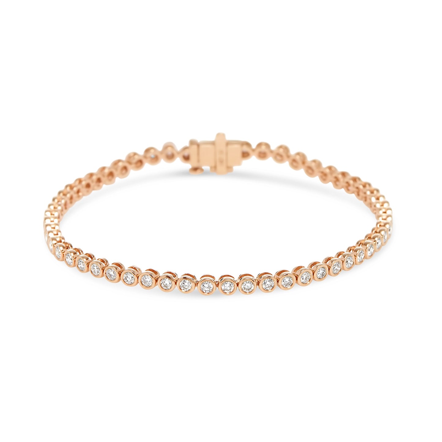 Lumeniri Lucia tennis bracelet with 2.00ct round lab grown diamonds, bezel set modern 14K rose gold design on clean white background.