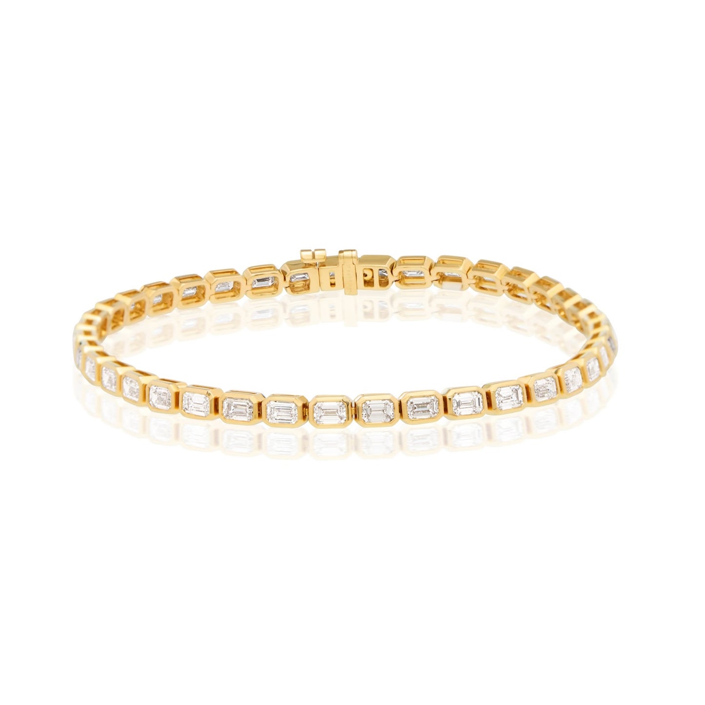 Lumeniri Lucia tennis bracelet with 4.82ct emerald cut lab grown diamonds, east-west bezel setting in elegant 14K yellow gold on clean white background.