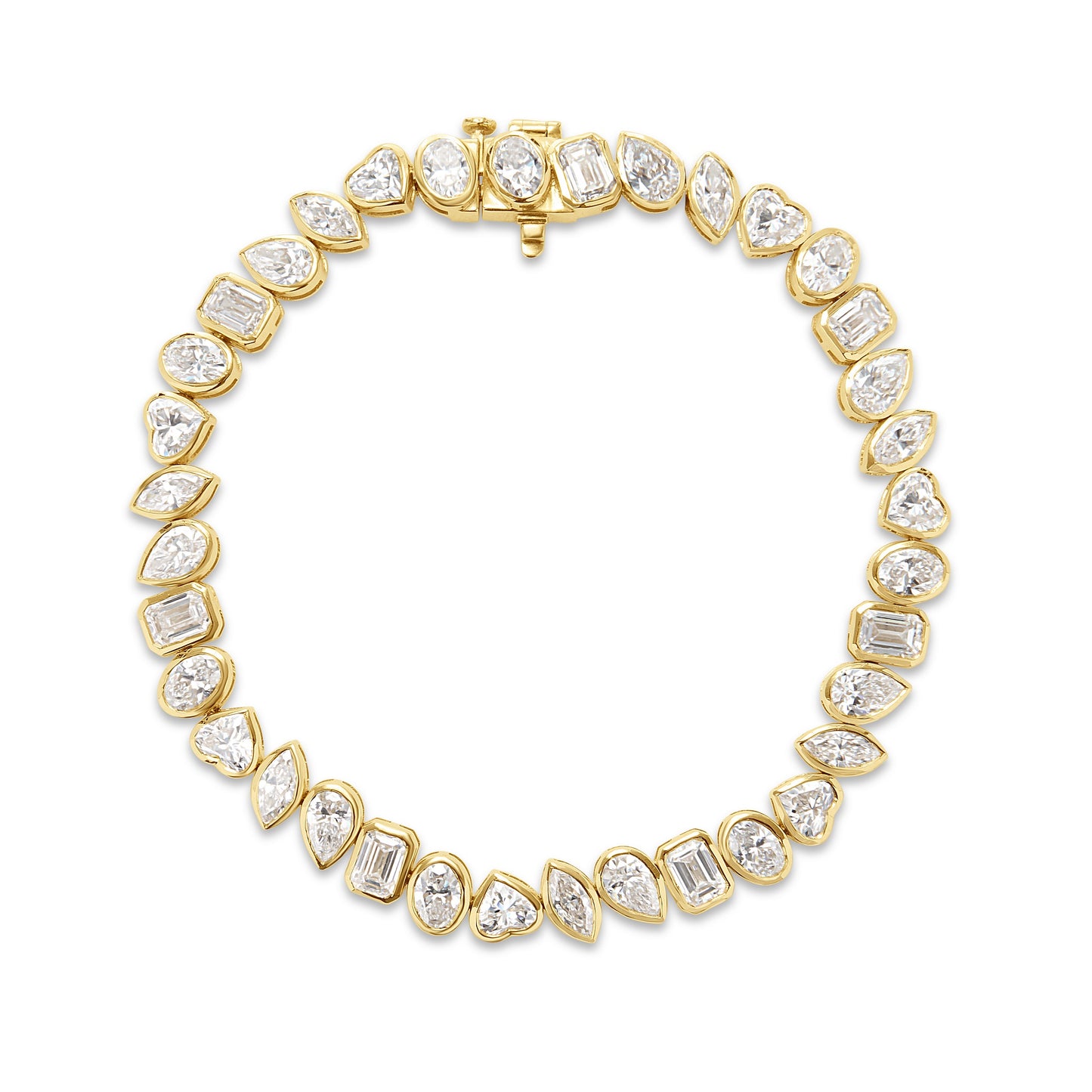 Lumeniri Lucia tennis bracelet with mixed fancy shaped lab grown diamonds, round oval and marquise cuts, north-south bezel set 14K yellow gold design on clean white background.