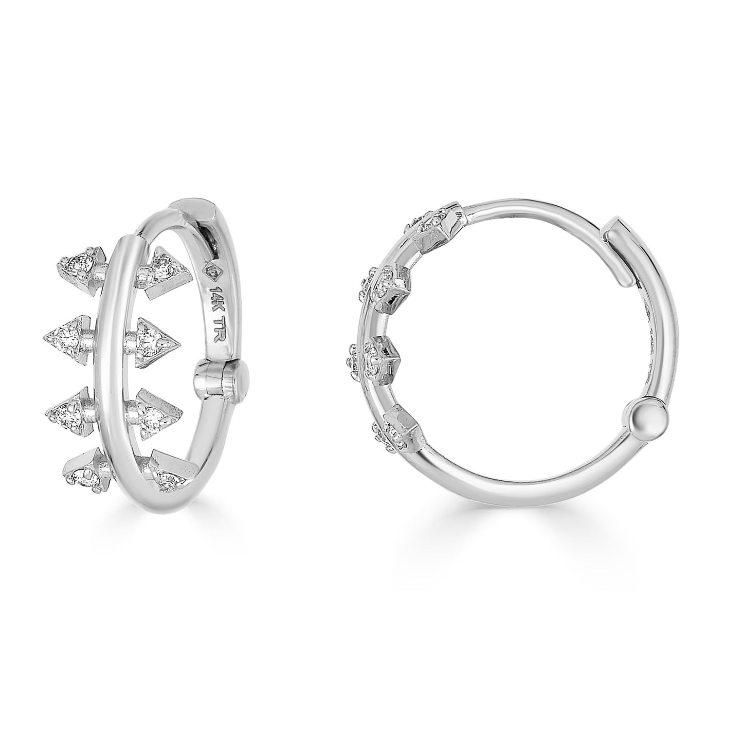 Lumeniri Lucinda huggie hoop earrings by Lumeniri featuring F-G VS lab grown diamonds in lightweight 14K white gold modern minimalist design on white background.