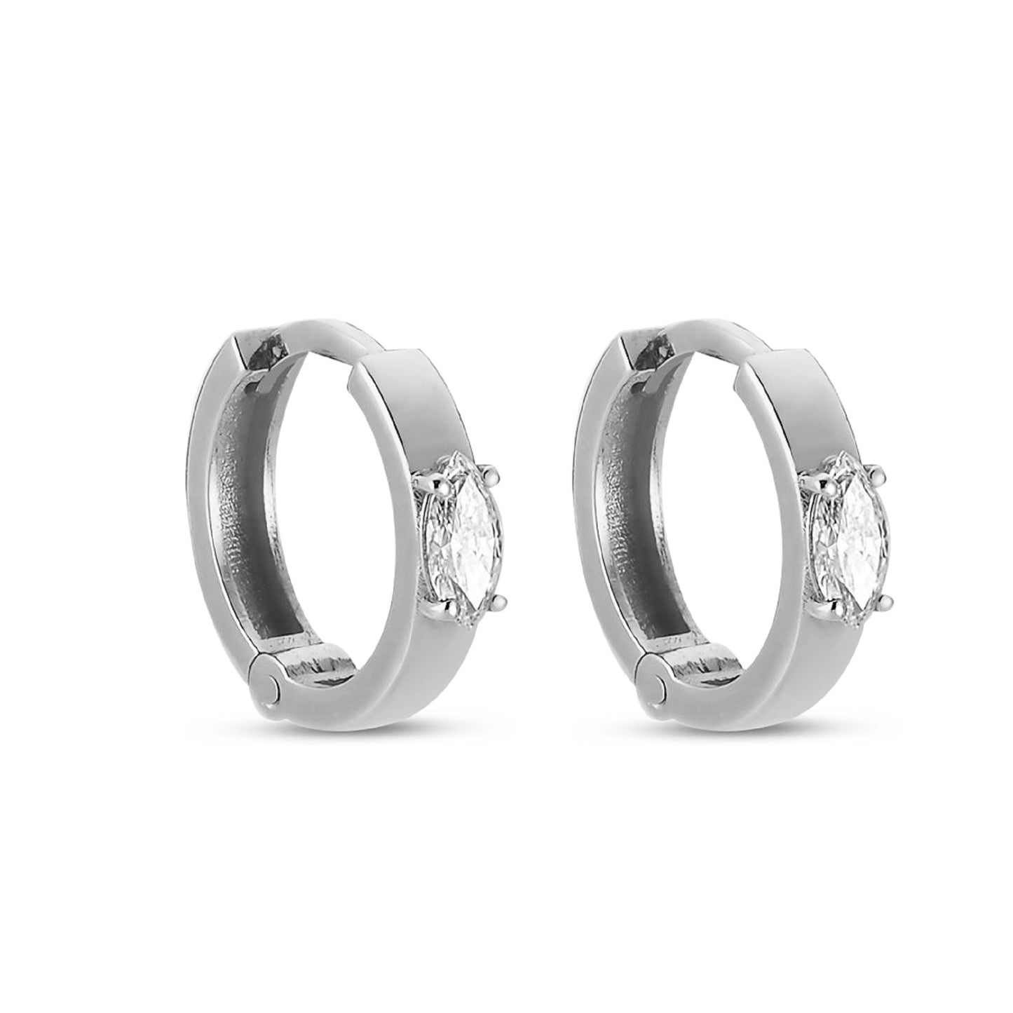 Lumeniri Lumeniri Fana huggie hoop earrings with delicate lab grown diamond setting in refined 14K white gold sustainable fine jewelry on white background.