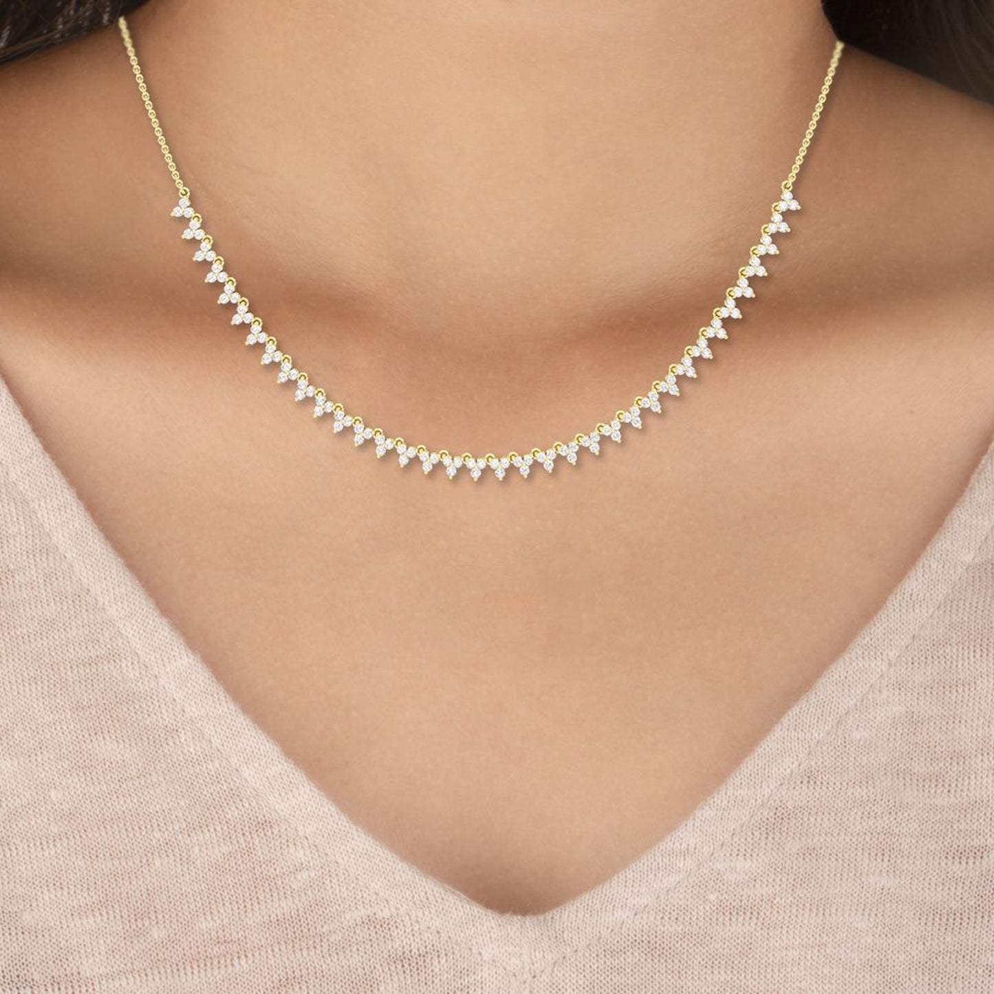 Lumeniri Lumeniri Kelli Trilogy Necklace worn on model, highlighting three lab grown diamonds symbolizing past present future in refined 14K gold luxury styling.