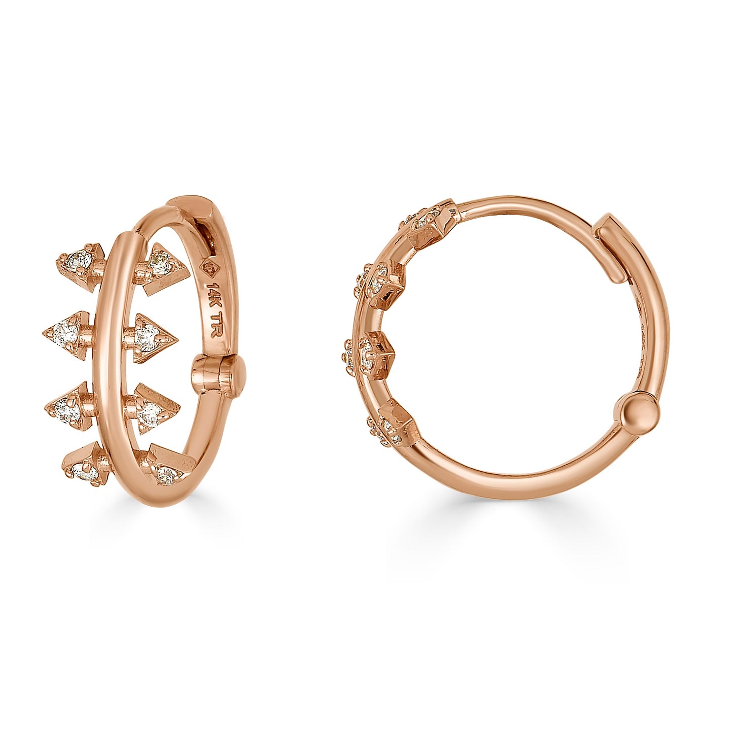 Lumeniri Lumeniri Lucinda huggie hoops with delicate lab grown diamond accents in refined 14K gold sustainable fine jewelry on white background.