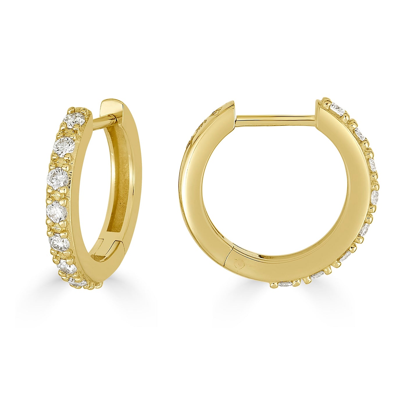Lumeniri Lumeniri The Eleni huggie hoops with round lab grown diamonds in refined 14K gold sustainable fine jewelry craftsmanship on white background.