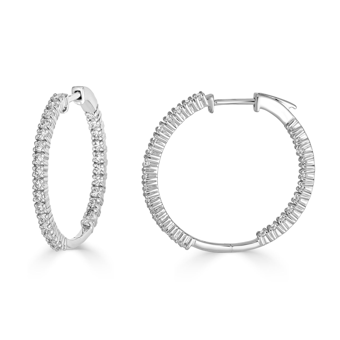 Lumeniri Lumeniri The Elinor diamond hoop earrings with 2 carats round lab grown diamonds in refined 14K white gold sustainable luxury craftsmanship on white background.