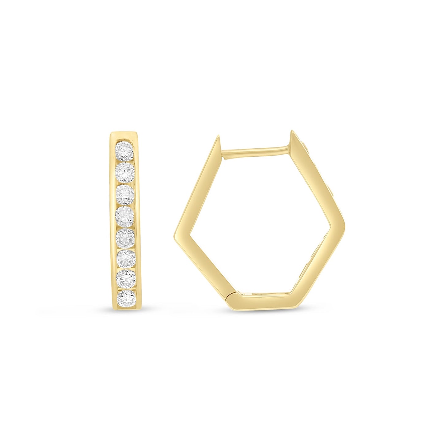 Lumeniri Lustre hexagon huggie earrings featuring 1.12ct lab grown round diamonds in geometric 14K yellow gold modern luxury design on white background.