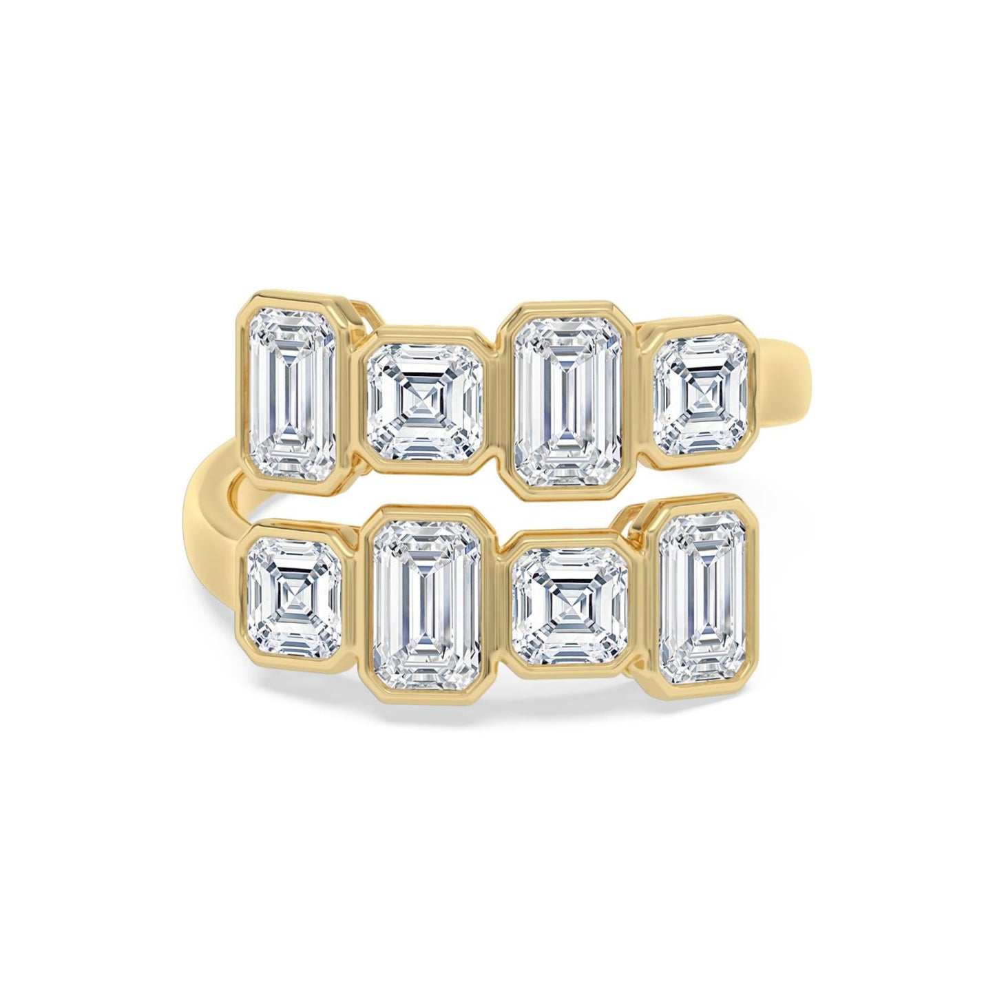 Lumeniri Mariela emerald and Asscher lab grown diamond bypass ring in 14K yellow gold featuring bezel-set modern wrap design