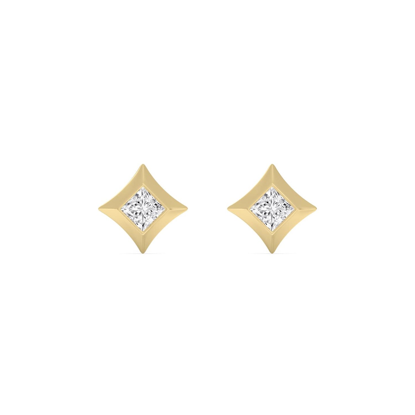 Lumeniri Maya princess cut lab grown diamond stud earrings in 14K yellow gold angled bezel-set design