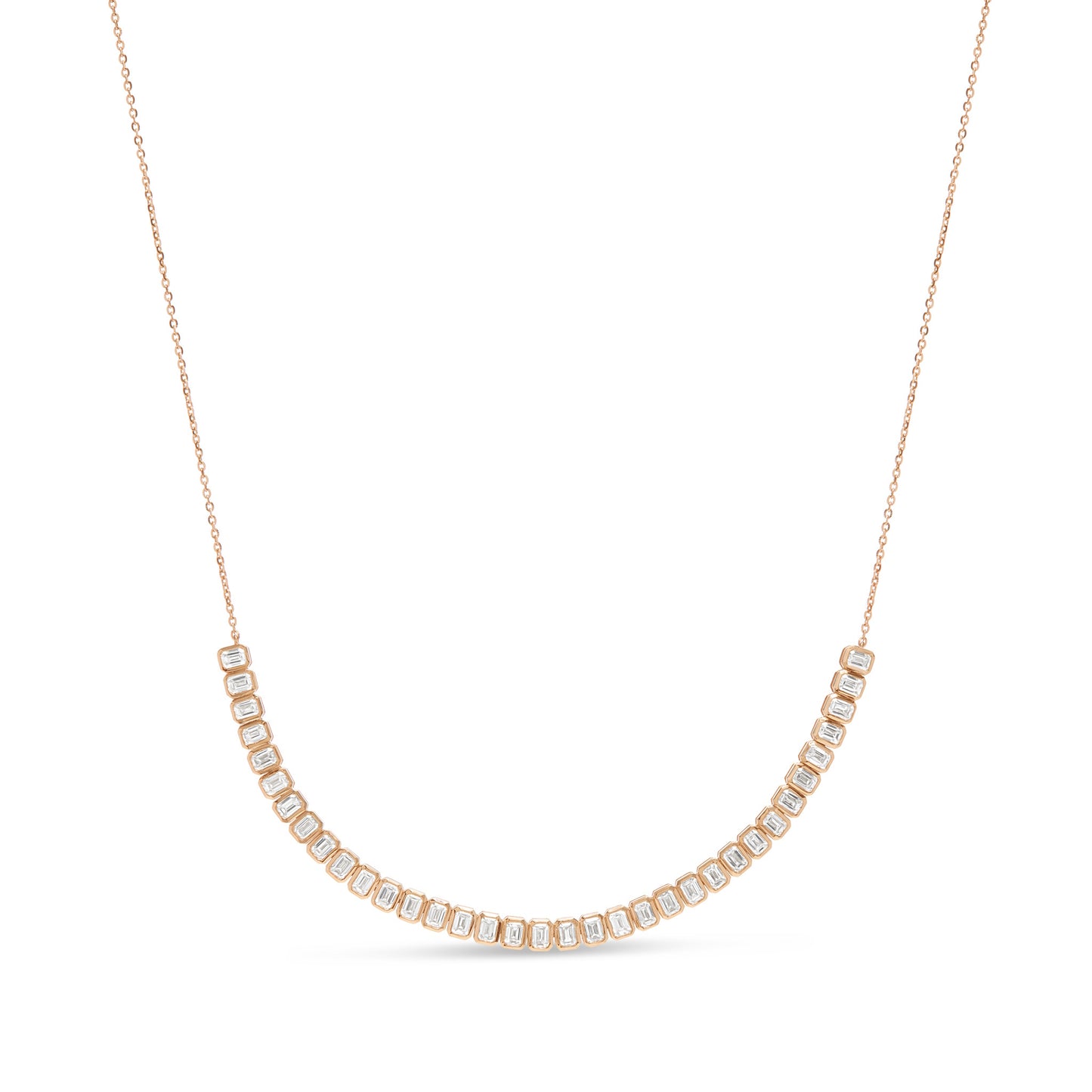 Lumeniri Minimalist product image of The Celeste necklace featuring emerald cut lab grown diamonds in 14K rose gold half tennis necklace design.