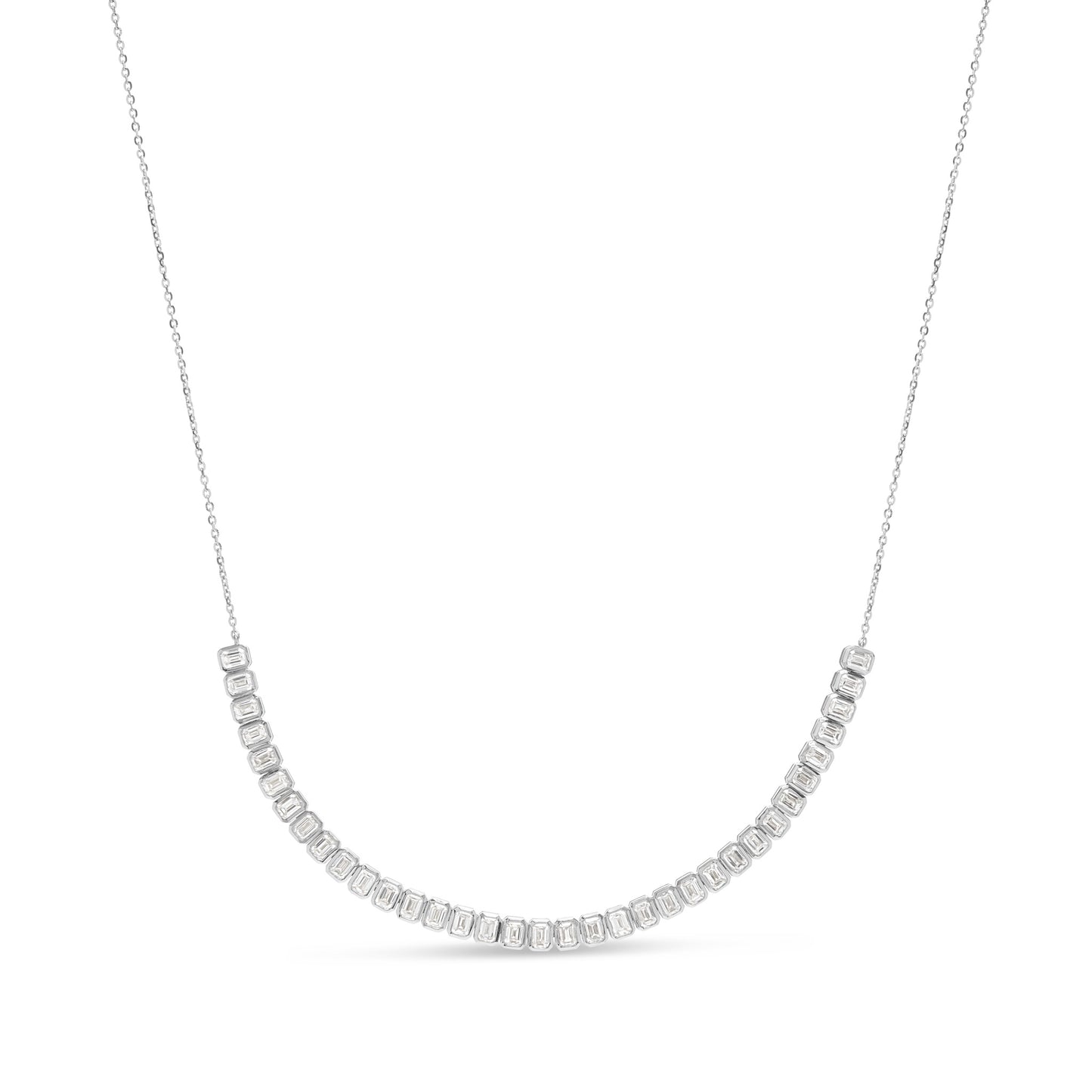 Lumeniri Minimalist product image of The Celeste necklace featuring emerald cut lab grown diamonds in 14K white gold half tennis necklace design.