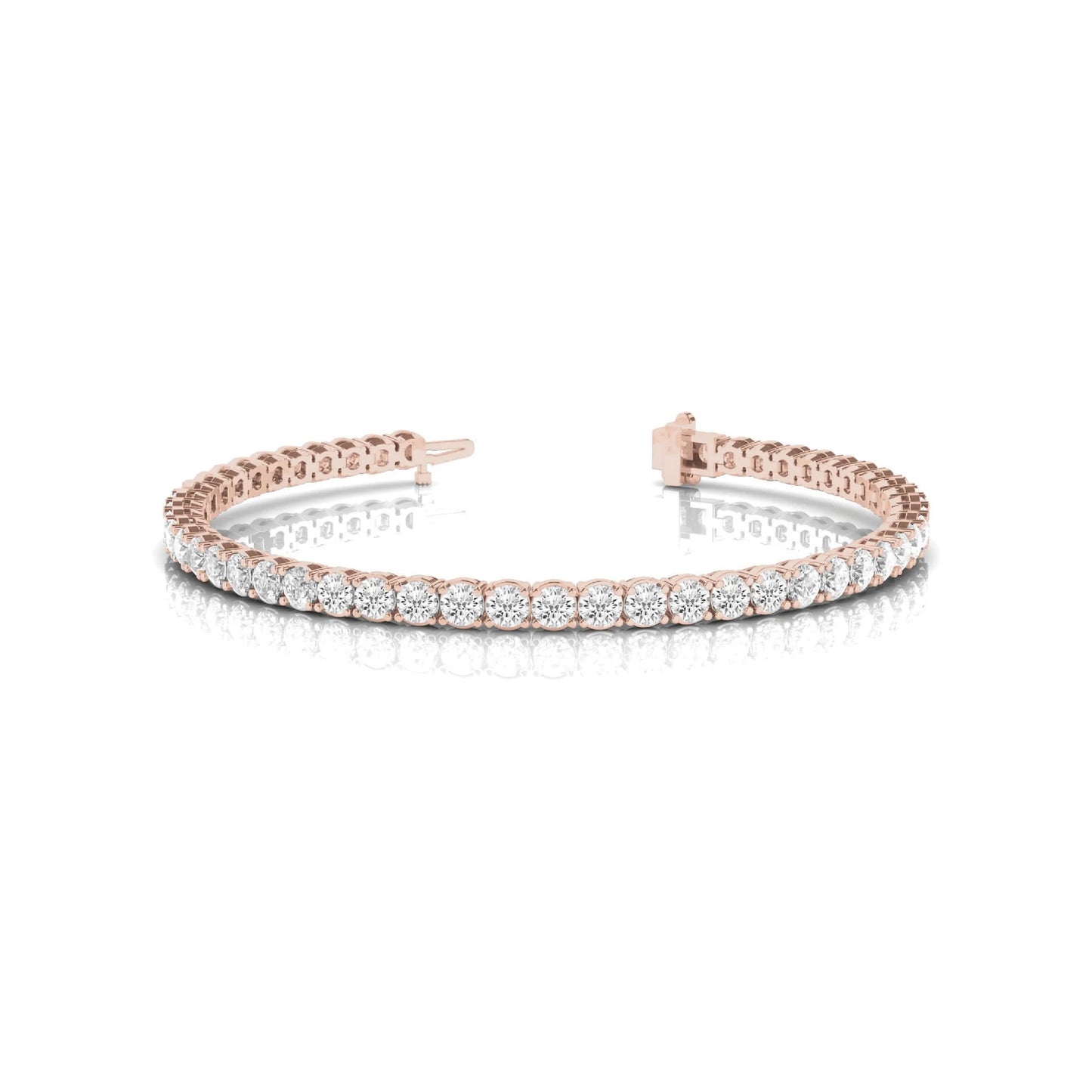 Lumeniri Minimalist product image of The Claire tennis bracelet showcasing precision set round lab grown diamonds in 4 claw double gallery 18K rose gold setting on white background.