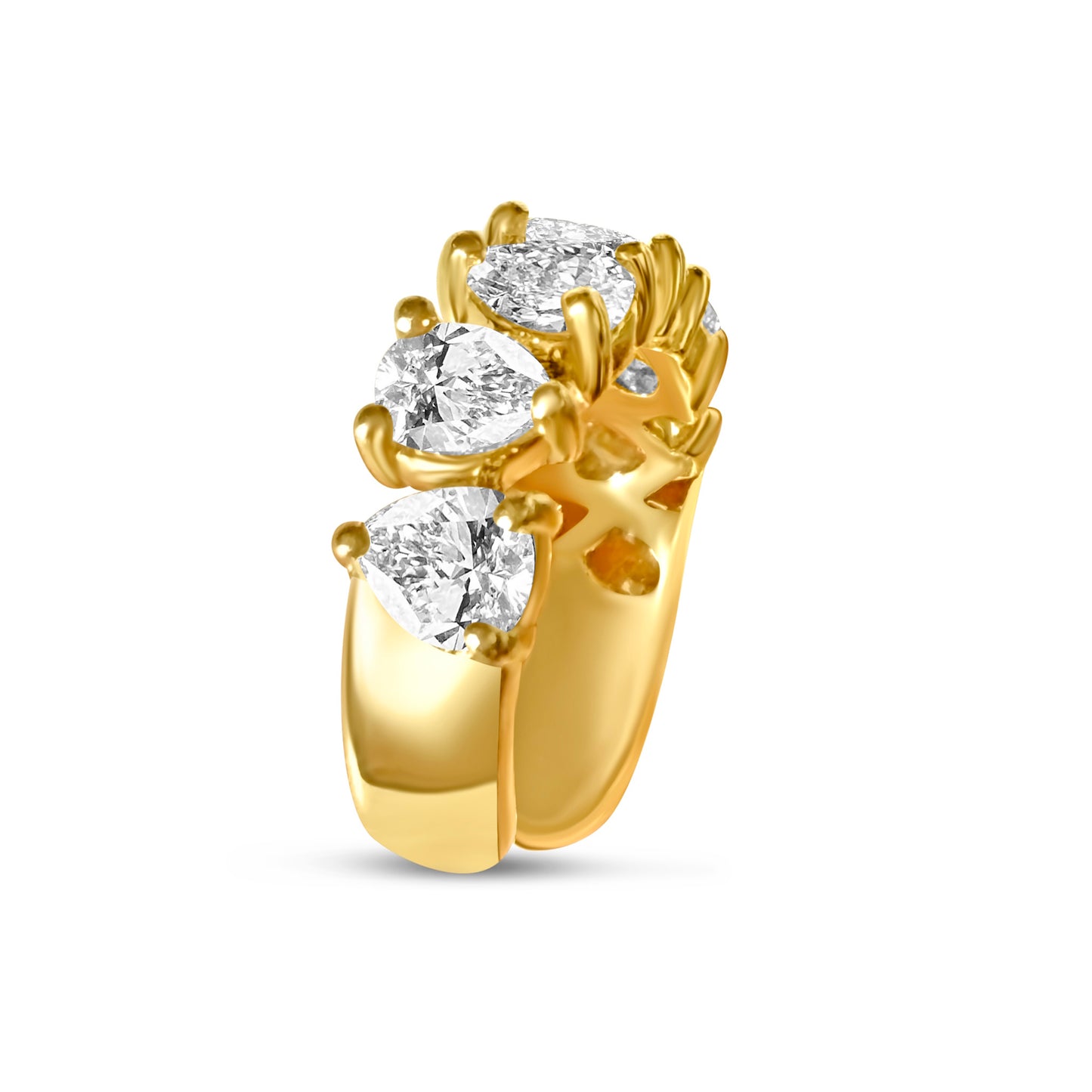 Lumeniri Minimalist product image of The Helene cuff showcasing prong set pear shaped lab grown diamonds in 0.60ctw sculptural 9mm 14K gold earcuff design on white background.