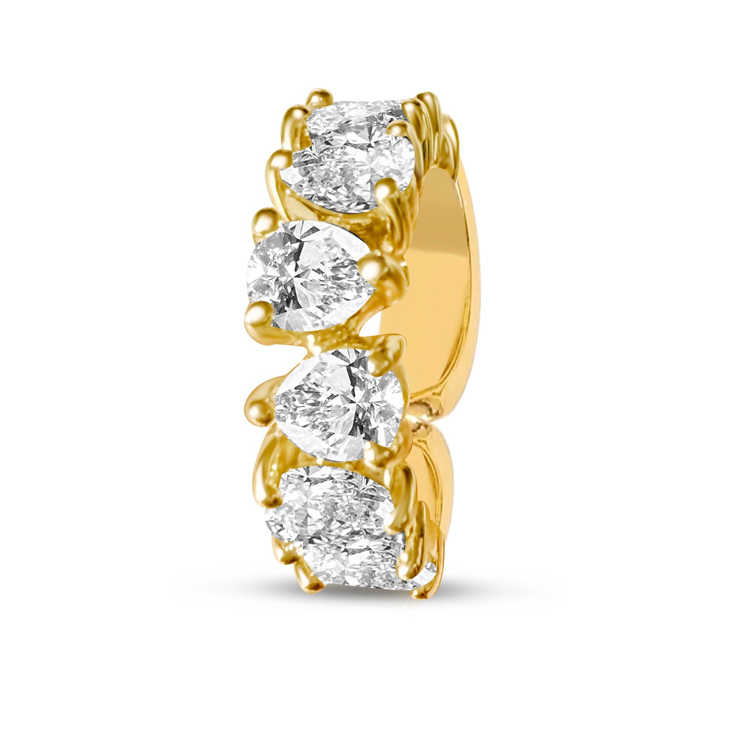Lumeniri Minimalist product image of The Helene earcuff showcasing alternating pear shaped lab grown diamonds, sculptural 9mm 14K gold no-piercing cuff on white background.