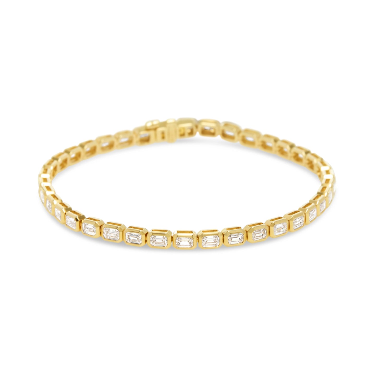 Lumeniri Minimalist product image of The Lucia East-West Tennis Bracelet featuring 4.82ct emerald cut lab grown diamonds in refined bezel 14K gold setting on white background.