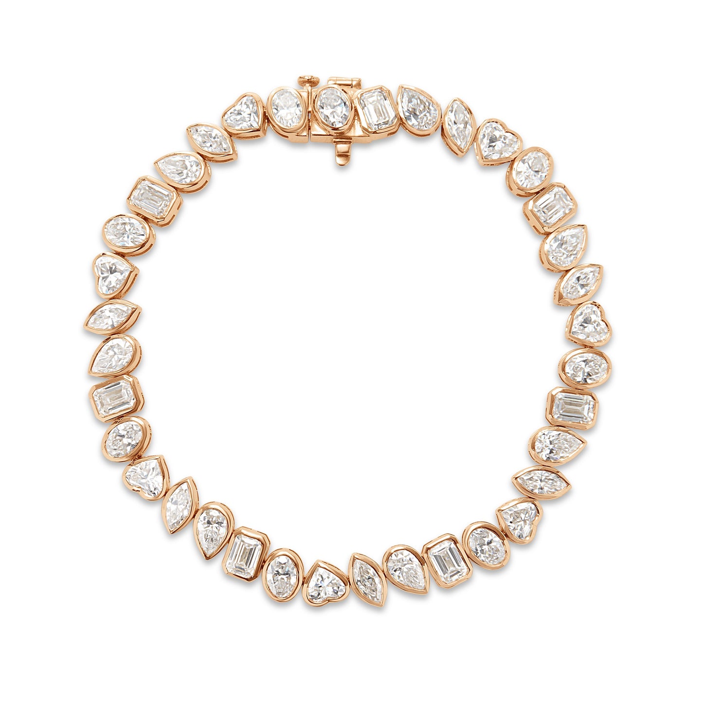 Lumeniri Minimalist product image of The Lucia North South bracelet featuring mixed shape lab grown diamonds in elegant bezel set 14K rose gold luxury design.