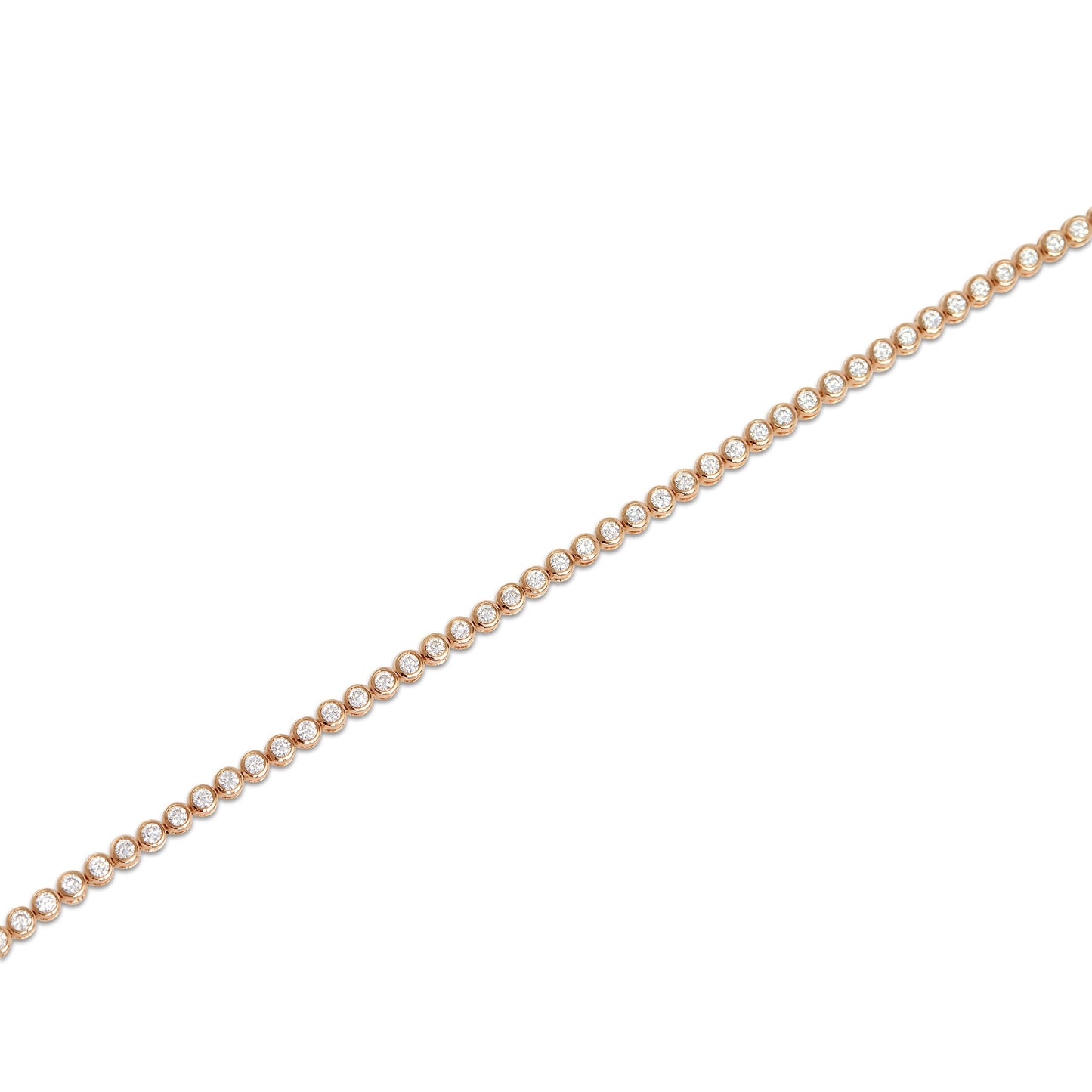 Lumeniri Minimalist product image of The Lucia bracelet featuring 2.00ct round lab grown diamonds in bezel set 14K rose gold tennis bracelet design.