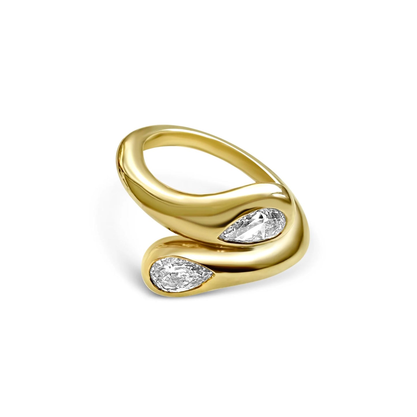 Lumeniri Minimalist product image of The Nagas ring showcasing twin pear cut lab grown diamonds in EF VS quality, sculptural 14K yellow gold open wrap design on white background.