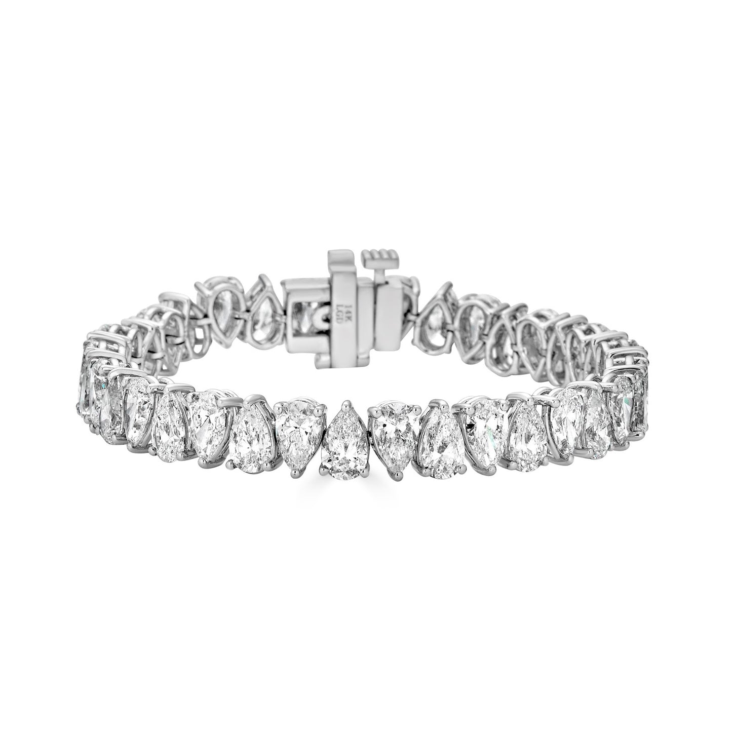 Lumeniri Orya pear diamond tennis bracelet with alternating pear cut lab grown diamonds, 15 carats total weight, elegant 14K white gold Riviera setting on clean white background.
