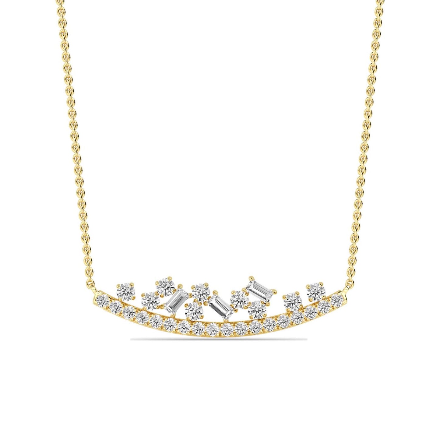 Lumeniri Serena curved bar pendant with pavé set lab grown diamonds in mixed shapes, round and baguette cuts in 14K yellow gold