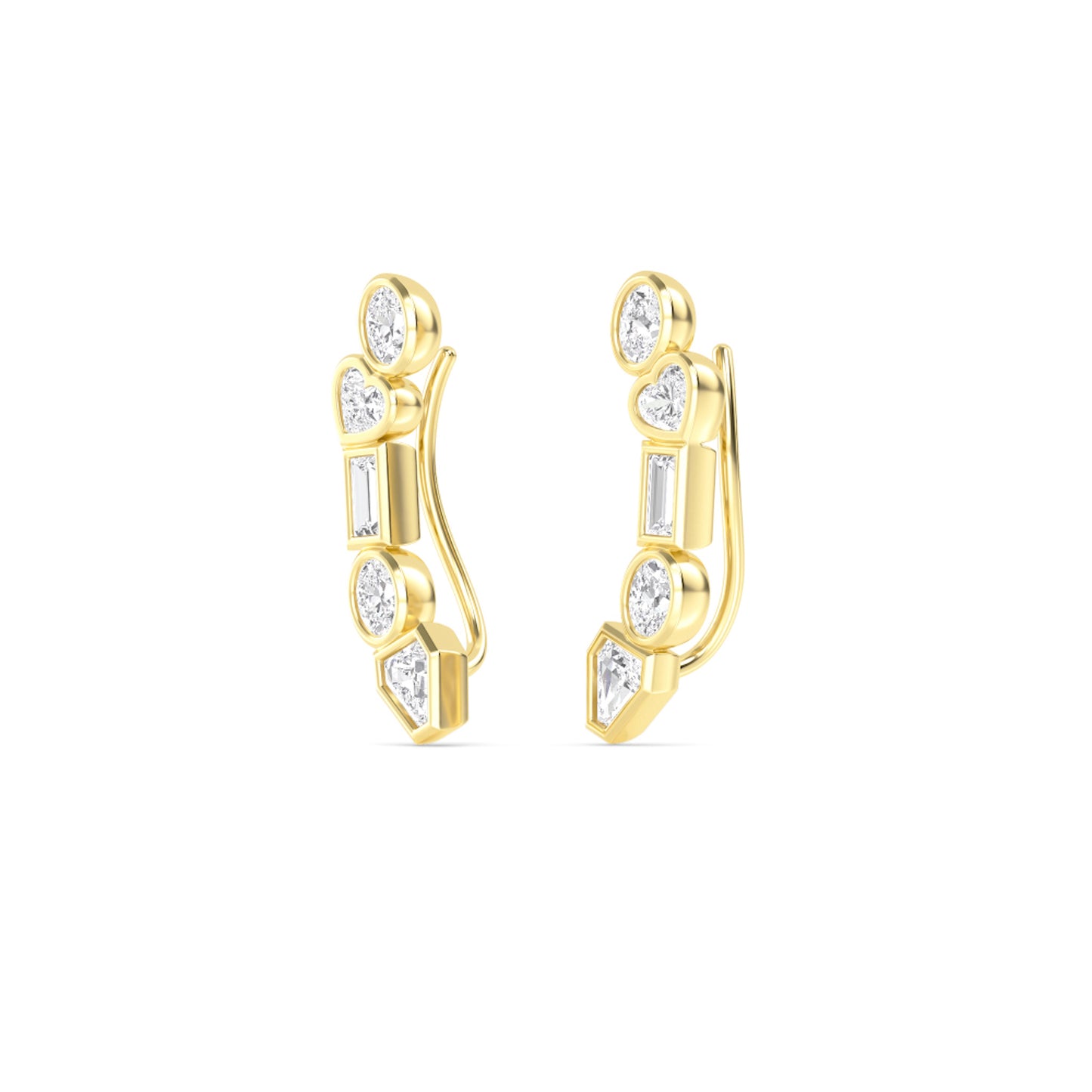 Lumeniri The Alessia climber earrings with oval, heart, emerald, and shield cut lab grown diamonds in 14K yellow gold minimalist luxury jewelry on white background.