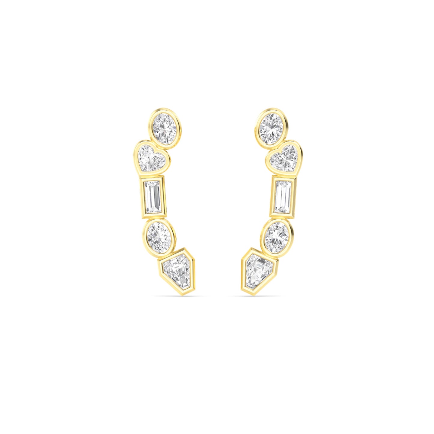 Lumeniri The Alessia diamond climber earrings featuring mixed shape lab grown diamonds in 14K gold bezel-set modern fine jewelry design on white background.