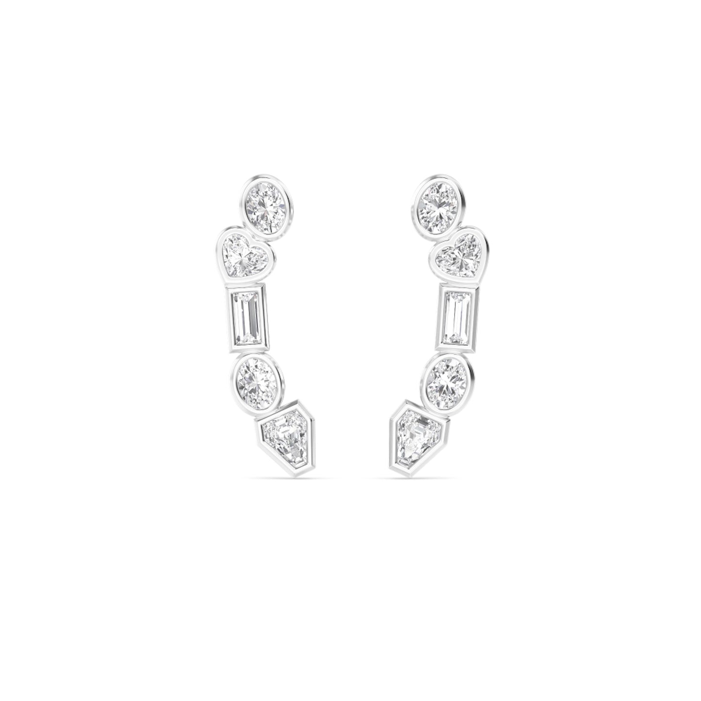 Lumeniri The Alessia sculptural diamond climber earrings with EF VS lab grown diamonds in 14K white gold bezel setting contemporary fine jewelry on white background.