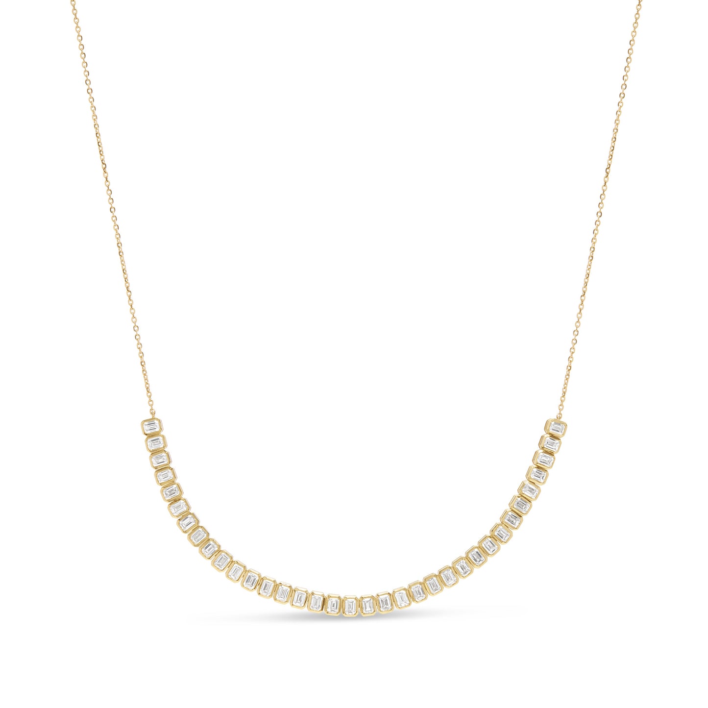 Lumeniri The Celeste Emerald Cut Half Tennis Necklace featuring 5.25ct lab grown emerald diamonds in 14K gold on white background.