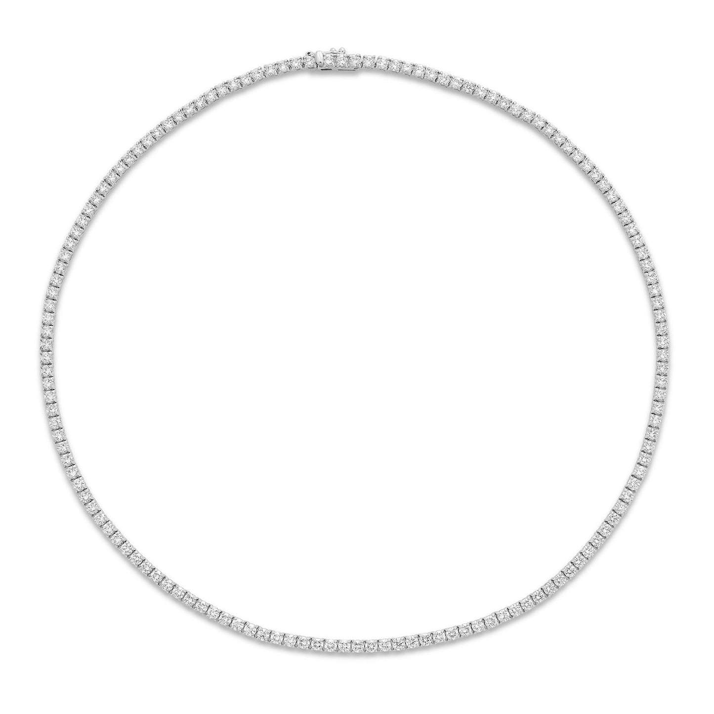 Lumeniri The Claire 10.00ct tennis necklace featuring lab grown diamonds in classic 4 prong 14K white gold setting on white background.