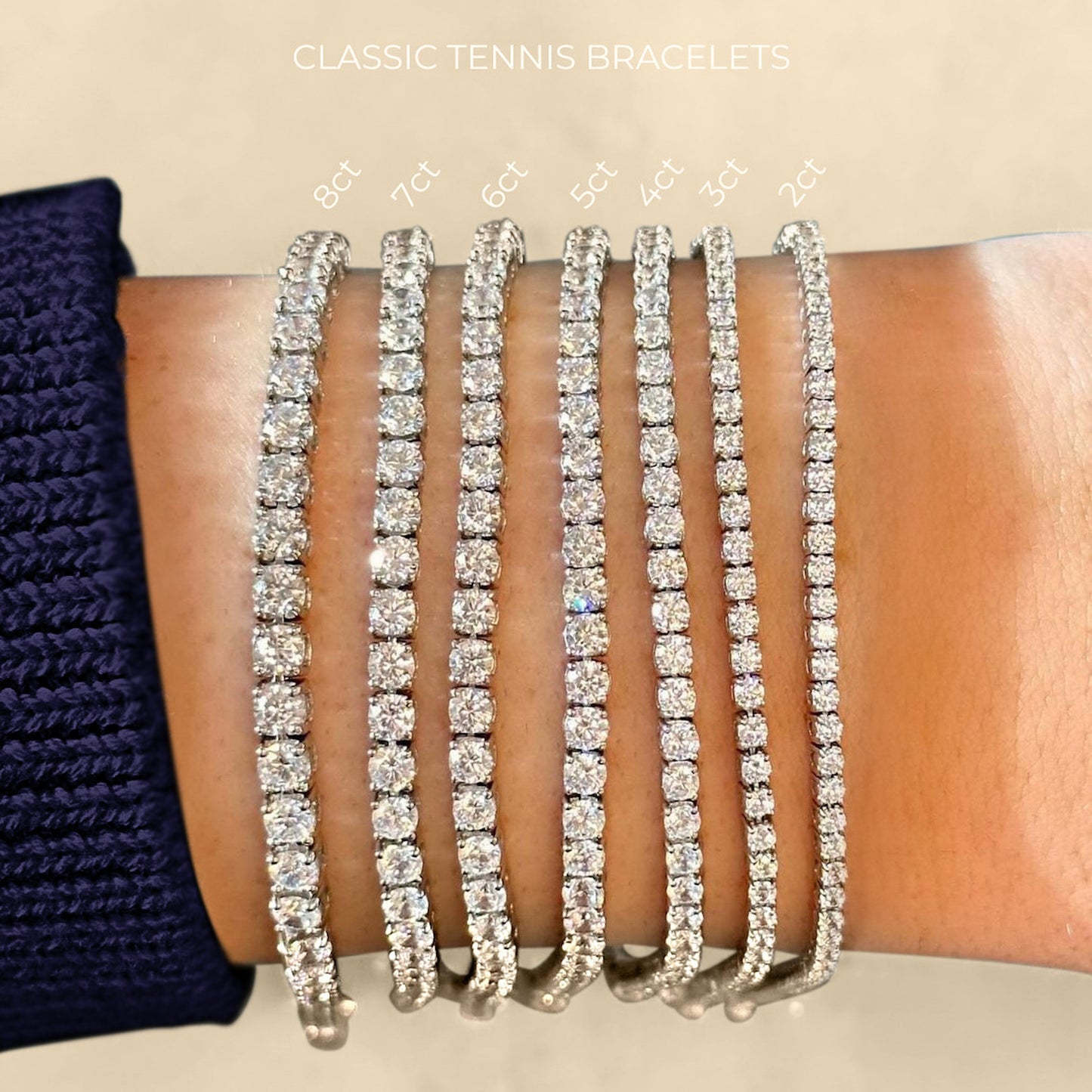 Lumeniri The Claire 2.00ct Tennis Bracelet worn on hand, showcasing lab grown diamonds in a classic 14K gold 4-prong setting, elegant modern fine jewelry styling for everyday wear and stacking.