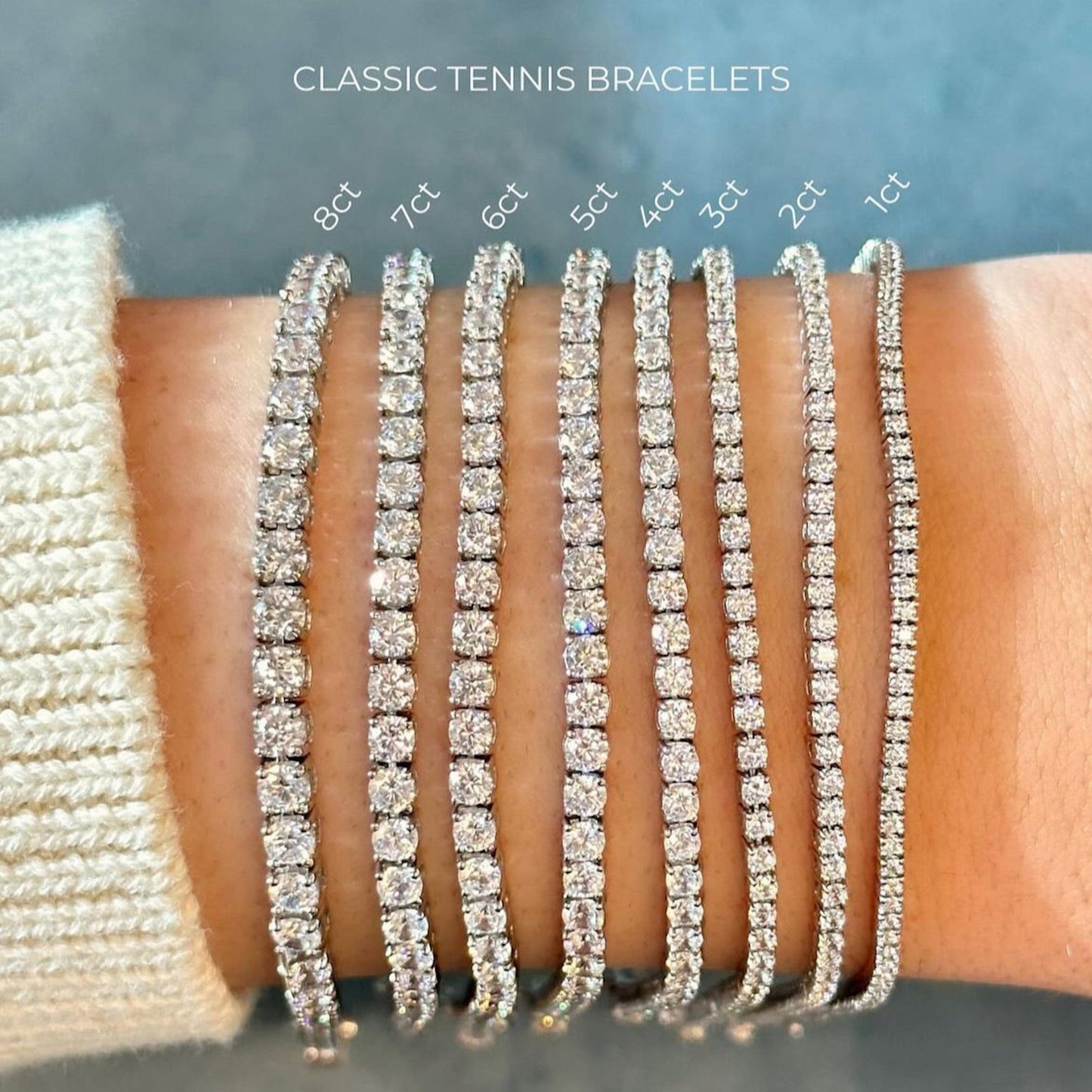 Lumeniri The Claire 5.00ct tennis bracelet worn on wrist, showcasing lab grown diamonds in 14K white gold classic 4 prong setting, elegant modern fine jewelry styling.