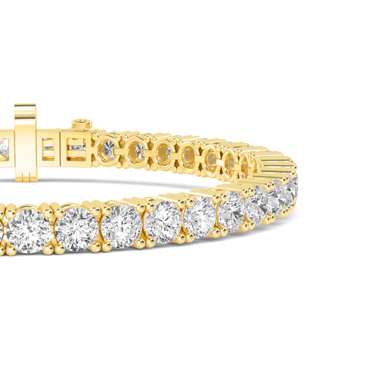 Lumeniri The Claire statement tennis bracelet showcasing 10ct lab grown diamonds in secure 4 prong 14K gold setting, modern luxury jewelry product shot.