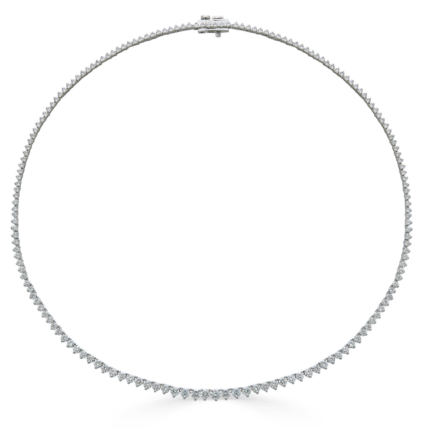 Lumeniri The Clara graduated Riviera necklace featuring lab grown diamonds in elegant three prong 14K white gold setting on white background.