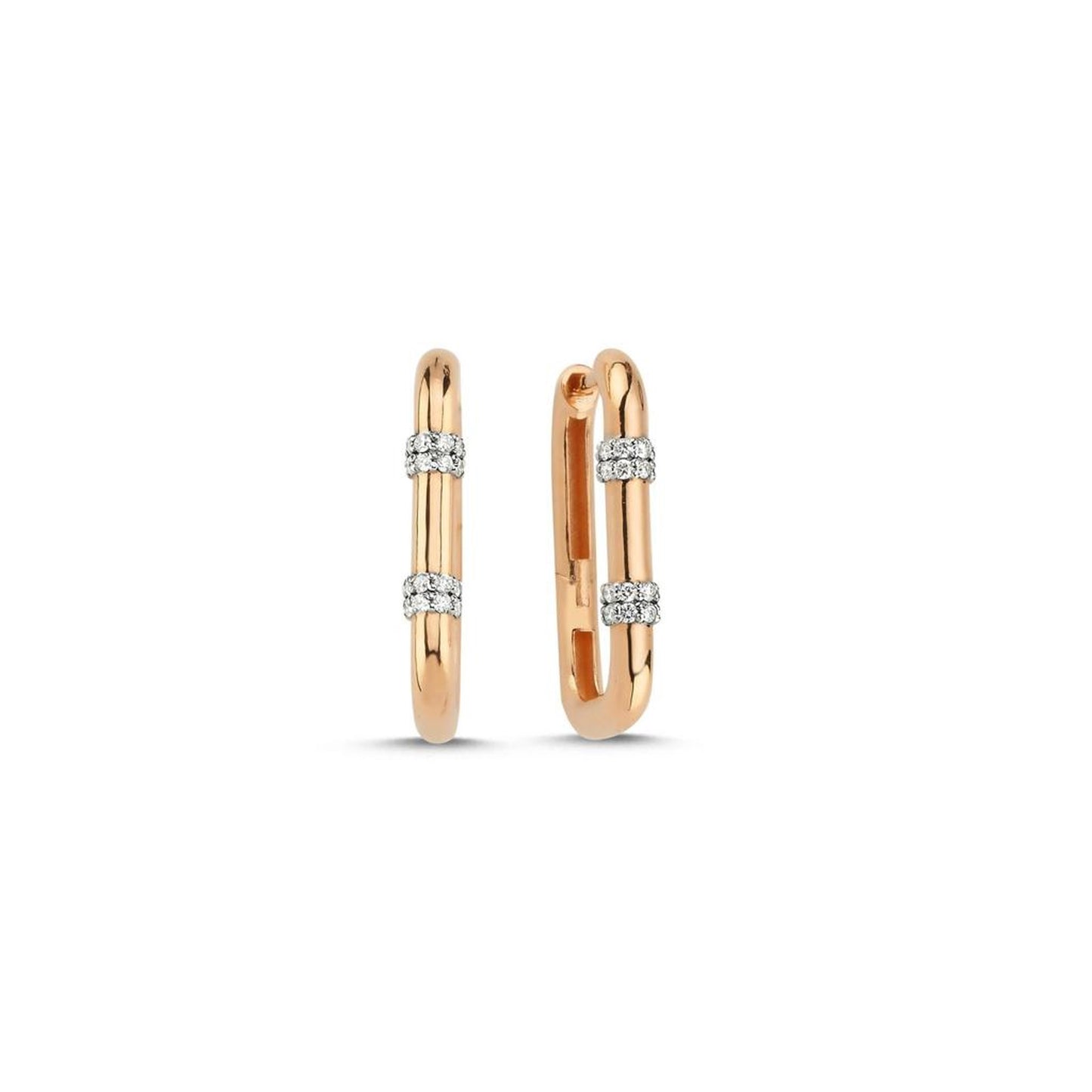 Lumeniri The Elaine huggie hoop earrings featuring 0.22ct round F-G VS lab grown diamonds in 14K rose gold minimalist luxury fine jewelry design on white background.