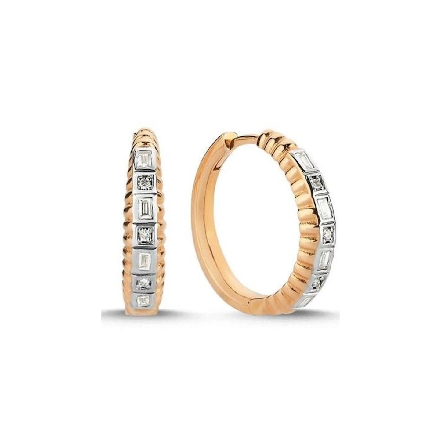 Lumeniri The Elena huggie hoop earrings featuring 0.19ct round F-G VS lab grown diamonds in 14K gold minimalist luxury fine jewelry design on white background.