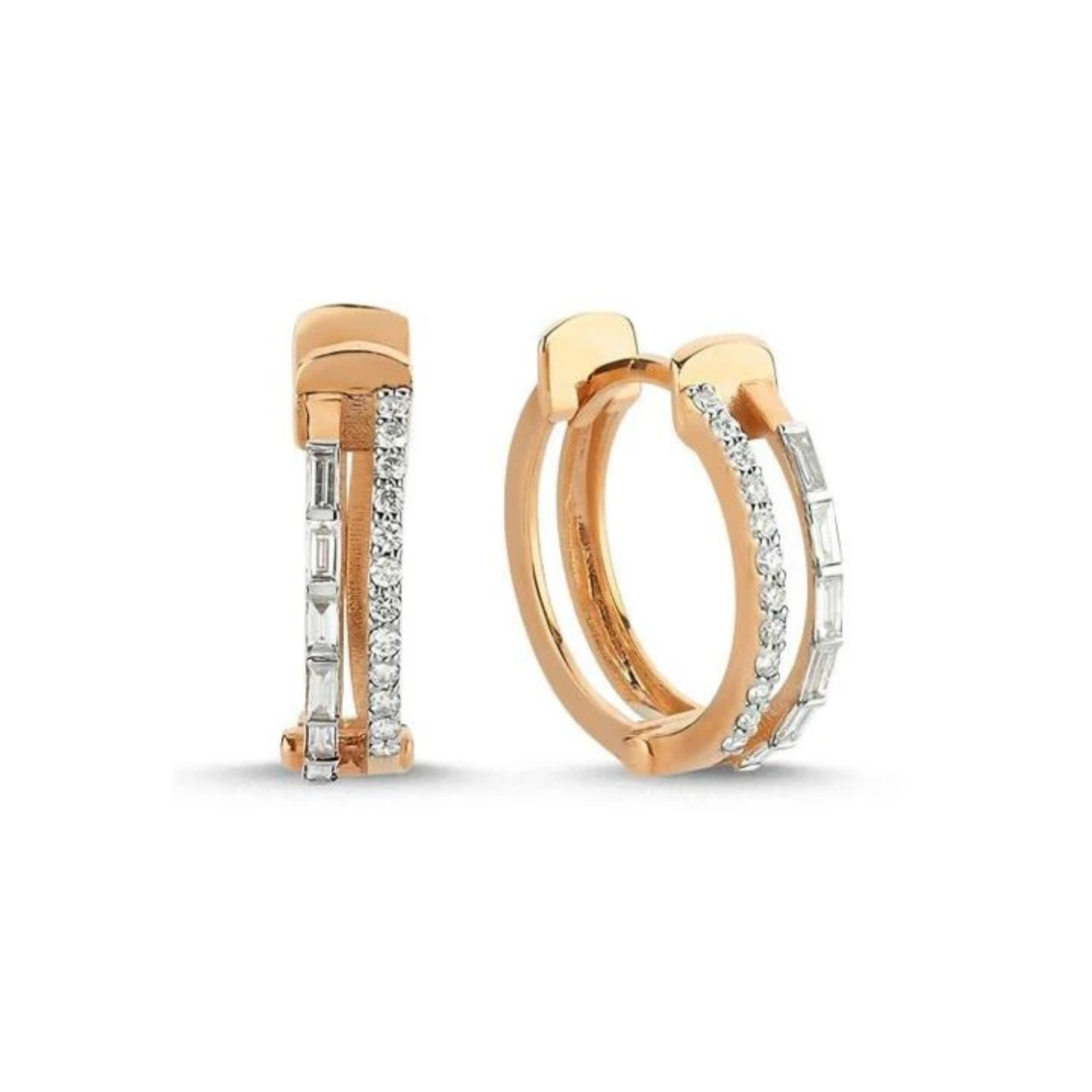 Lumeniri The Elin hoop earrings featuring 0.41ct round and baguette lab grown diamonds in 14K rose gold luxury fine jewelry design on white background.