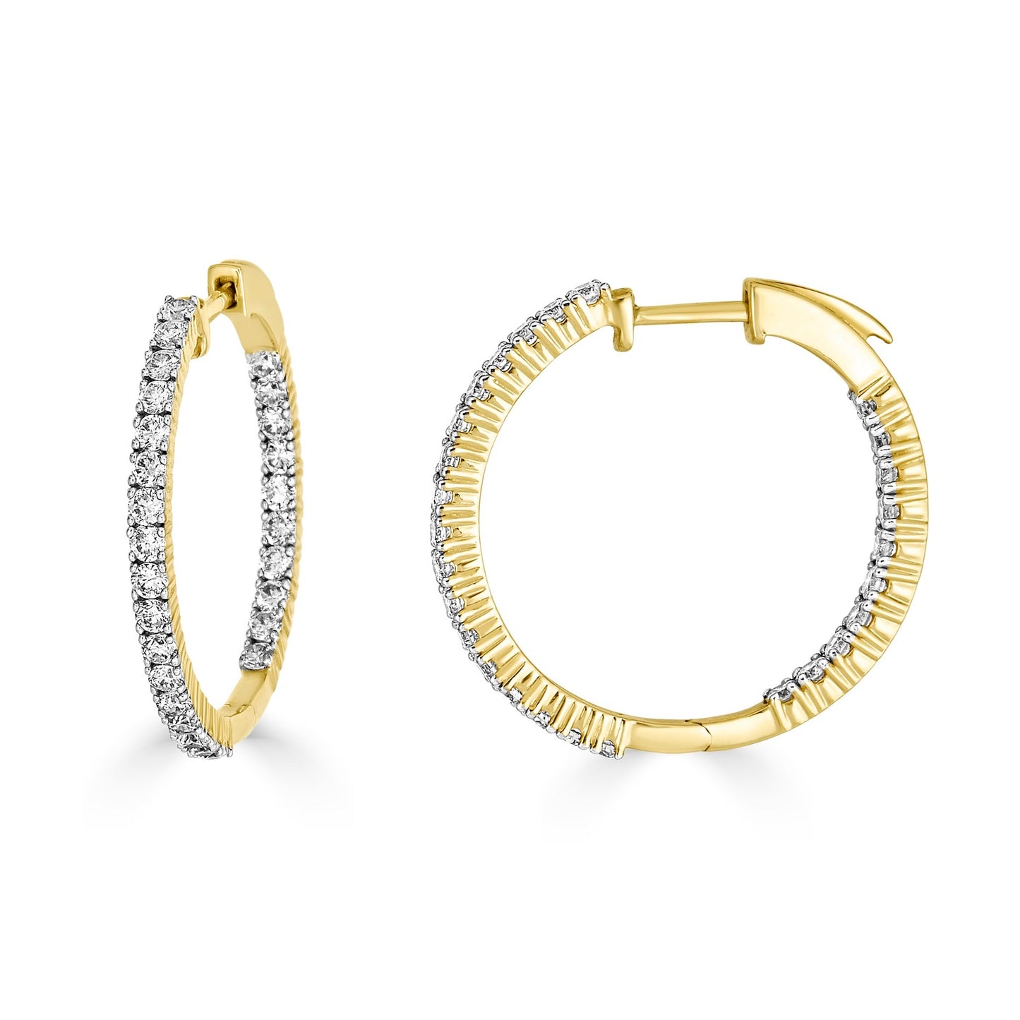 Lumeniri The Elinor hoop earrings featuring 2ct round F-G VS lab grown diamonds in 14K yellow gold luxury fine jewelry design on white background.
