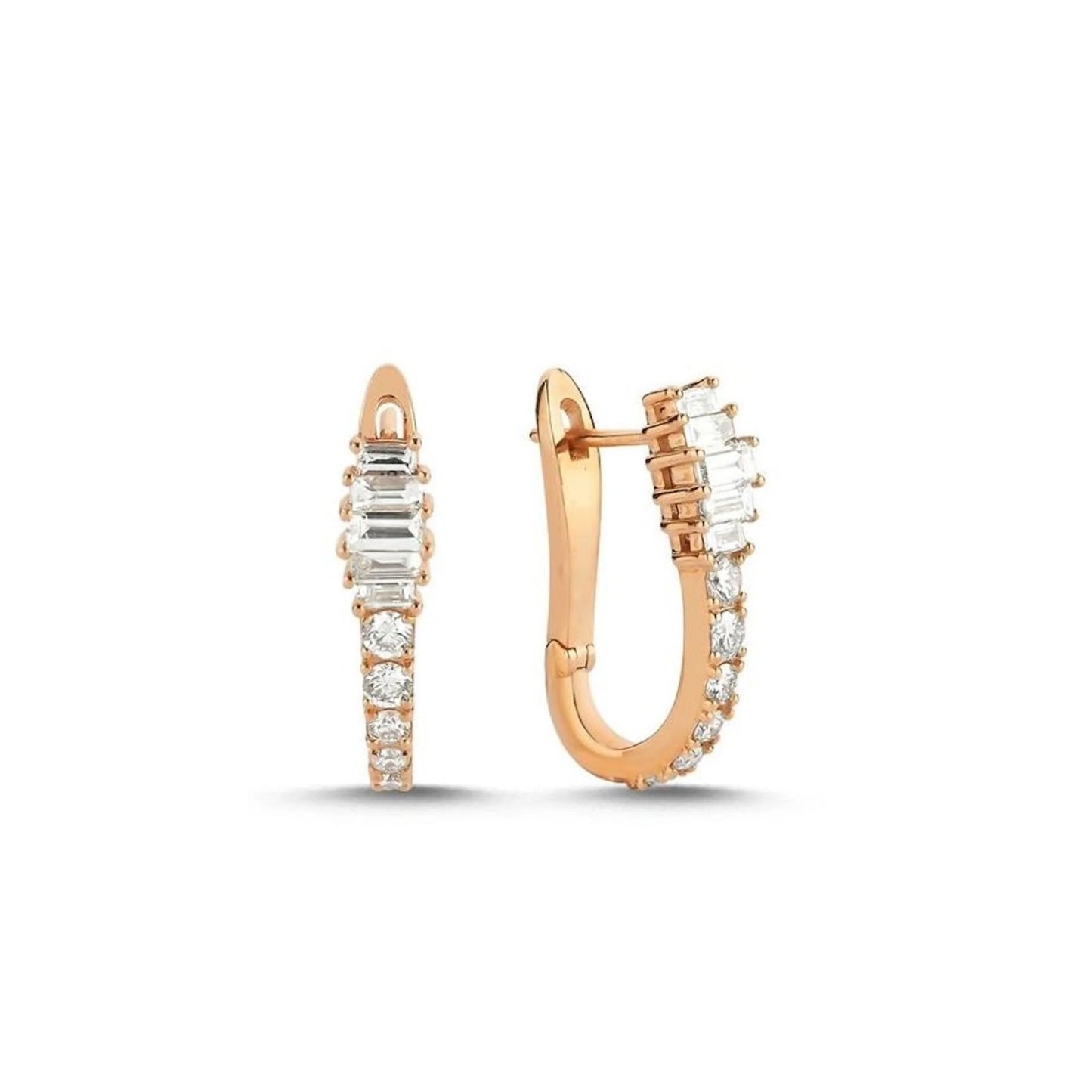 Lumeniri The Elora hoop earrings featuring 1.15ct round and baguette F-G VS lab grown diamonds in 14K gold luxury fine jewelry design on white background.