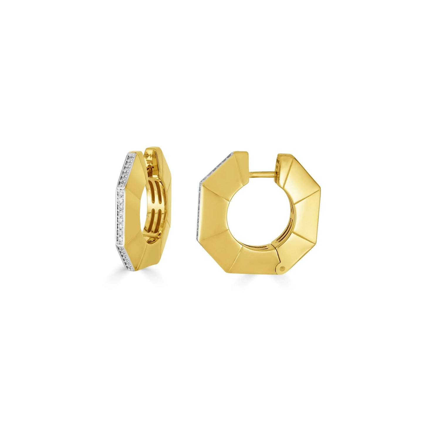 Lumeniri The Enora 14K Yellow Gold hoop earrings with 0.20ct Round F-G, VS lab diamonds, highlighting eco-conscious craftsmanship on a white background.