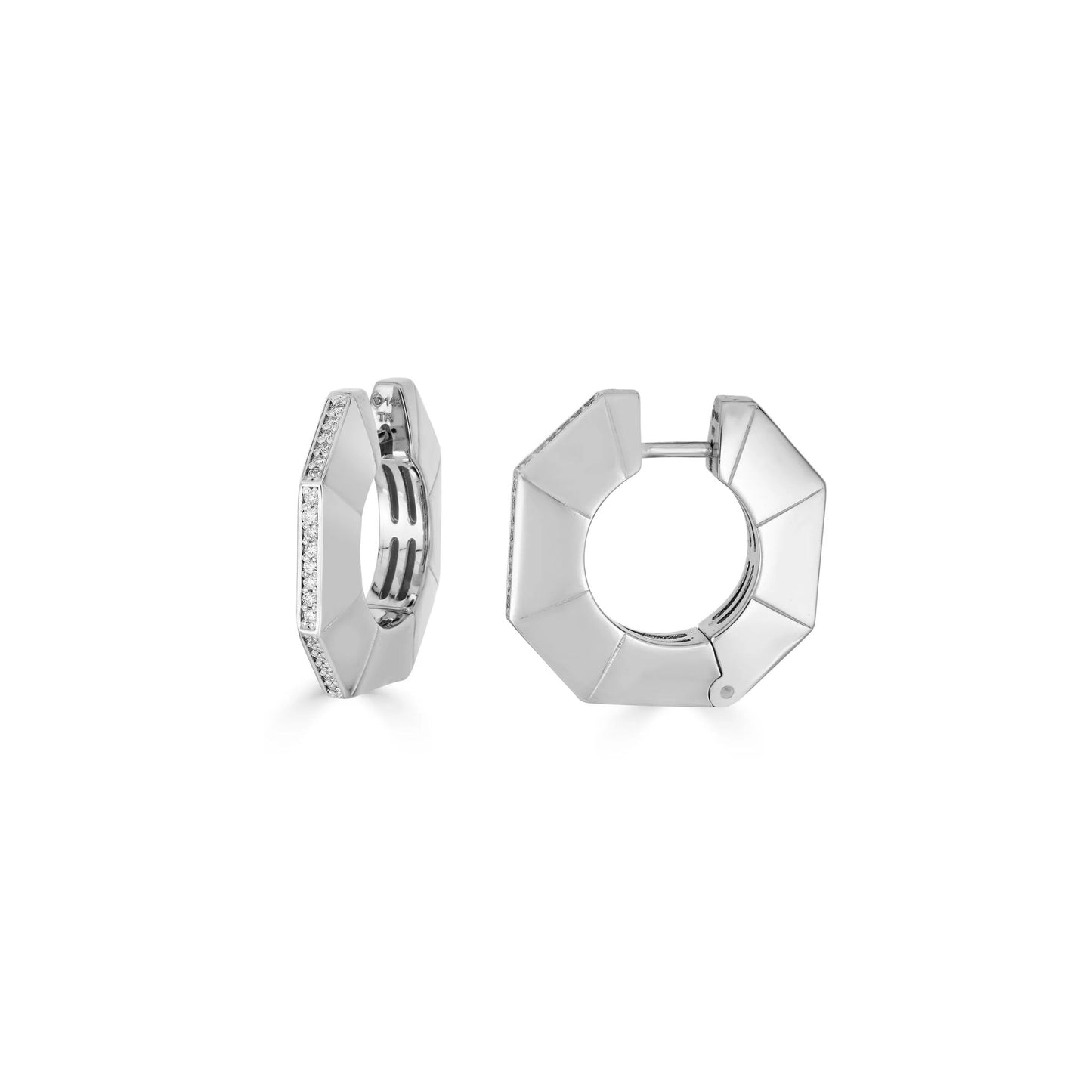Lumeniri The Enora diamond hoop earrings with 0.20ct of F-G, VS grade lab diamonds in 14K White Gold, elegantly presented against a white background.