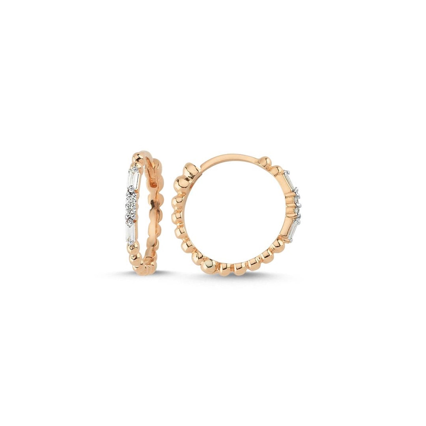 Lumeniri The Fairlight huggie hoop earrings featuring 0.21ct round F-G VS lab grown diamonds in 14K rose gold minimalist luxury fine jewelry design on white background.