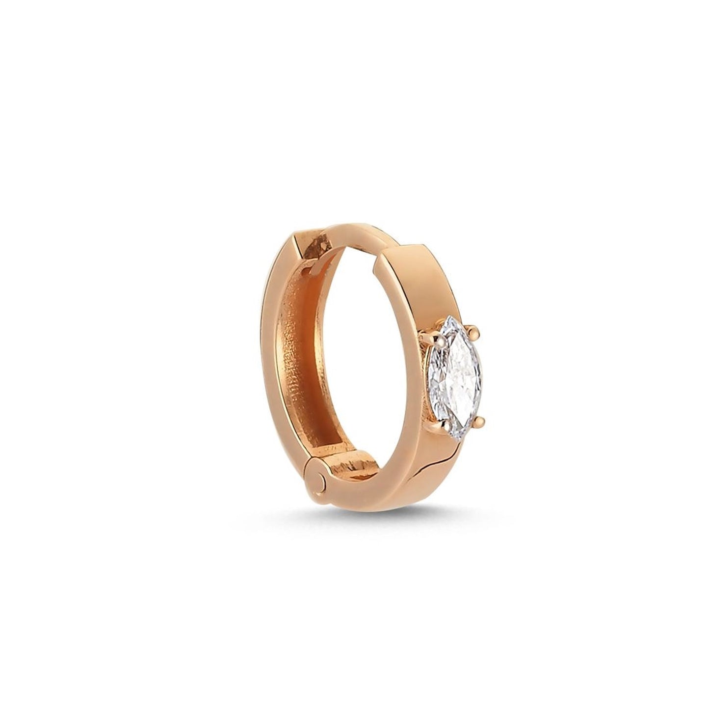 Lumeniri The Fana single hoop earring featuring 0.12ct marquise F-G VS lab grown diamonds in 14K rose gold minimalist sustainable fine jewelry design.