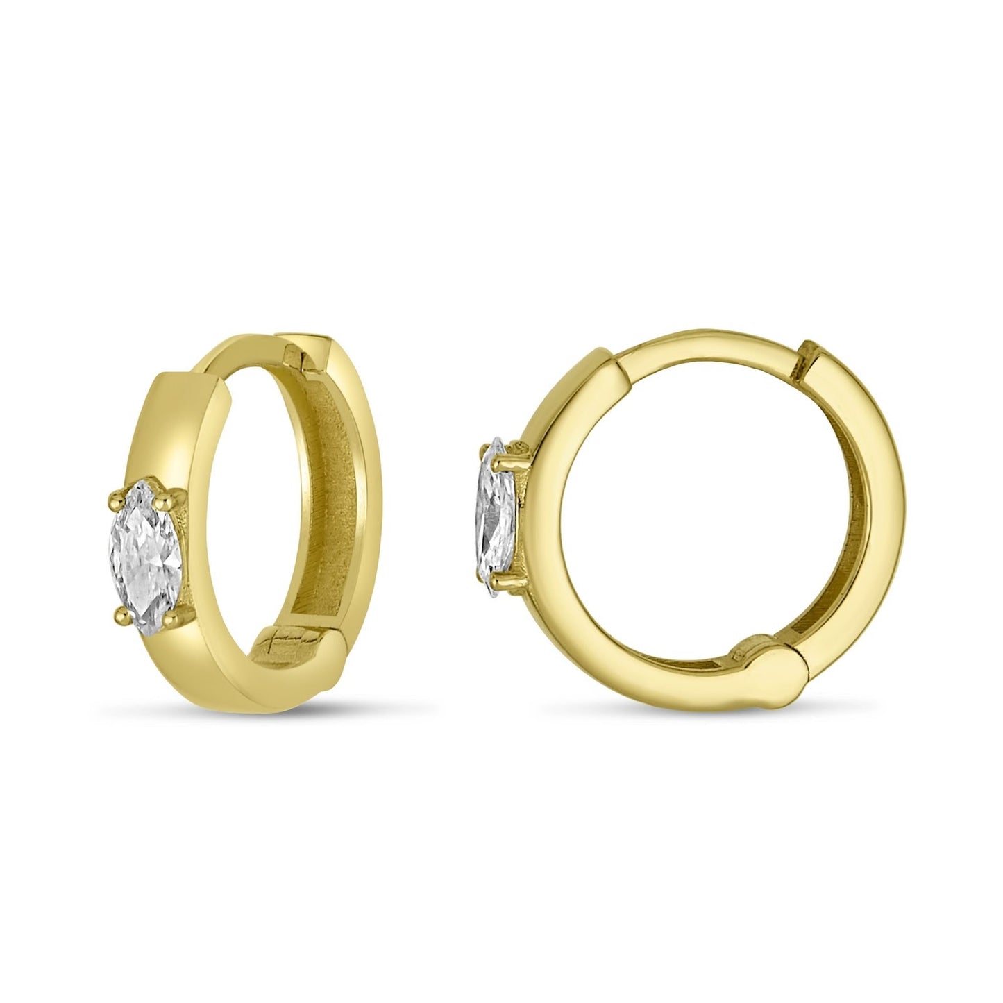Lumeniri The Fana single hoop earrings featuring 0.14ct EF VS lab grown diamonds in 14K yellow gold minimalist luxury design on white background.