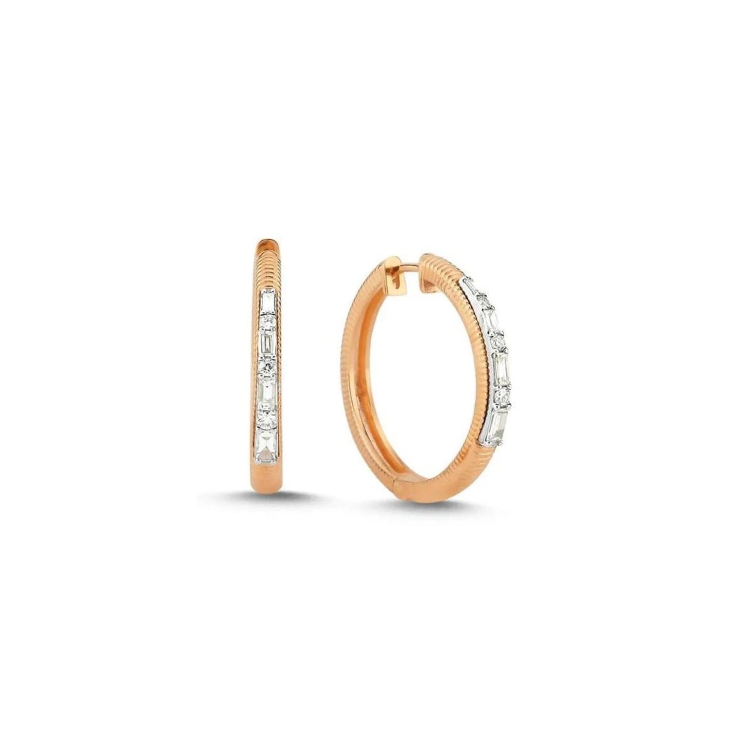 Lumeniri The Faven hoop earrings featuring 0.40ct Round F-G, VS grade lab diamonds set in 14K Rose Gold, offering a delicate, sustainable luxury design on white background.