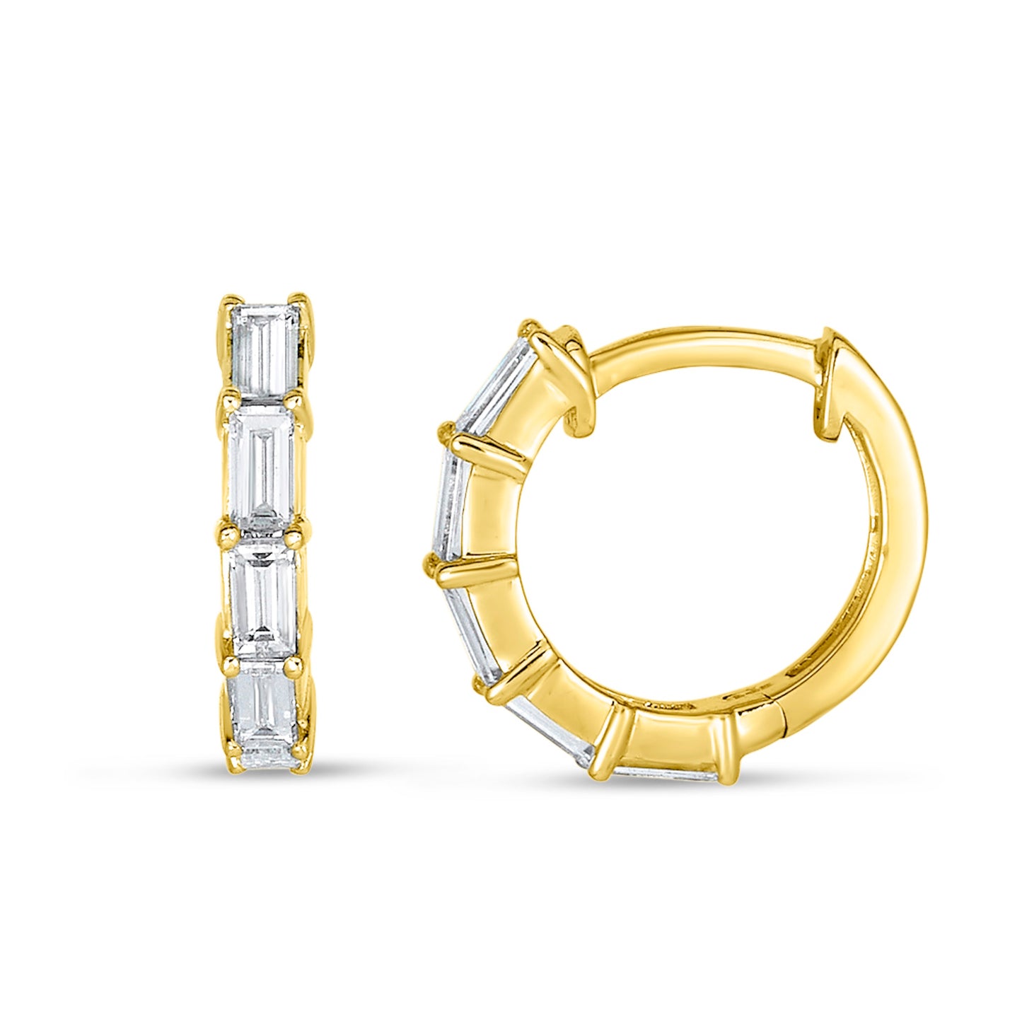 Lumeniri The Halina vertical baguette huggie earrings featuring 0.45ct lab grown diamonds in 14K yellow gold sleek modern design on white background.